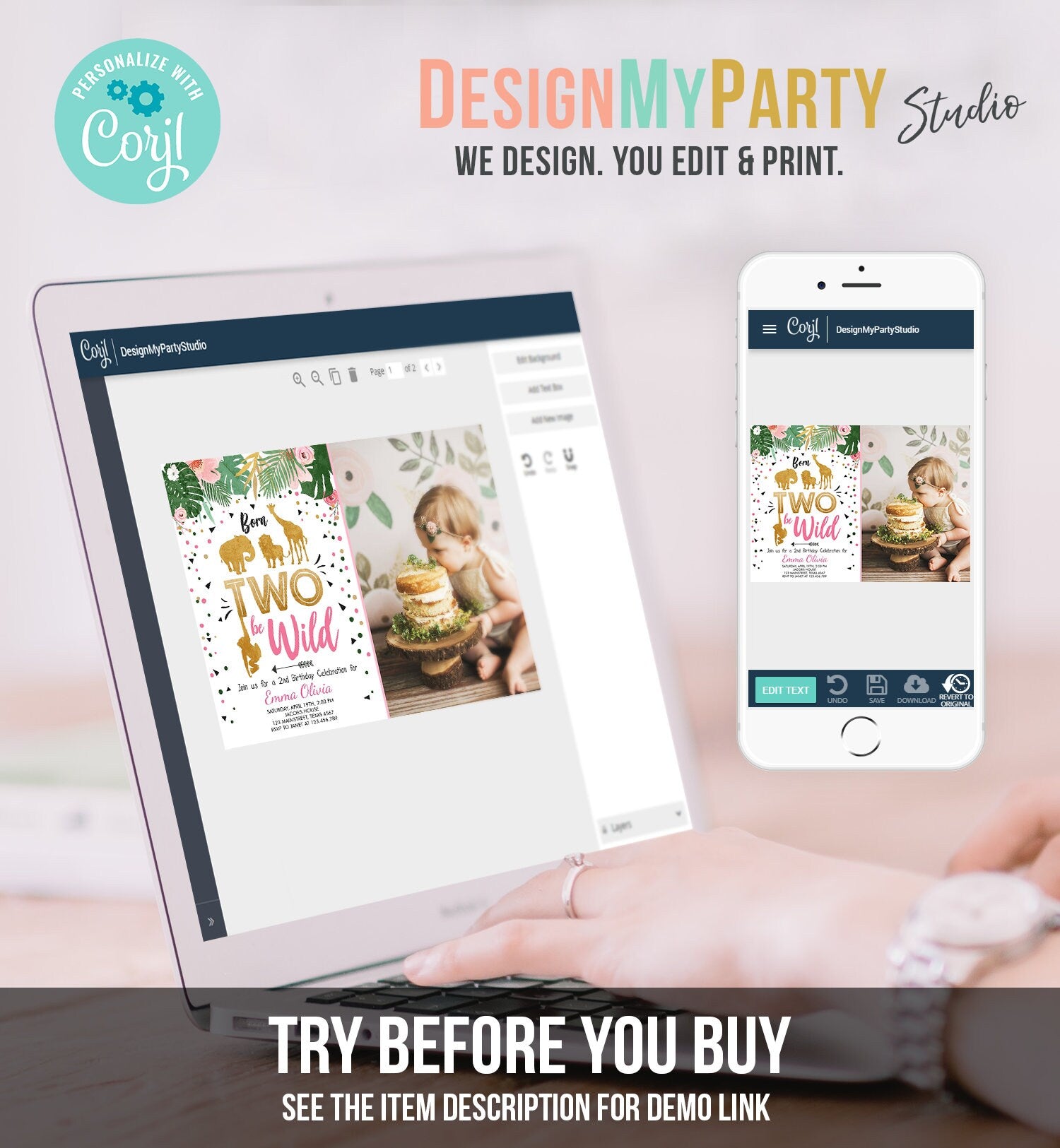 Editable Born Two Be Wild Birthday Invitation Girl Pink Gold Safari Animals Jungle Zoo Second Birthday 2nd Printable Corjl Template 0016