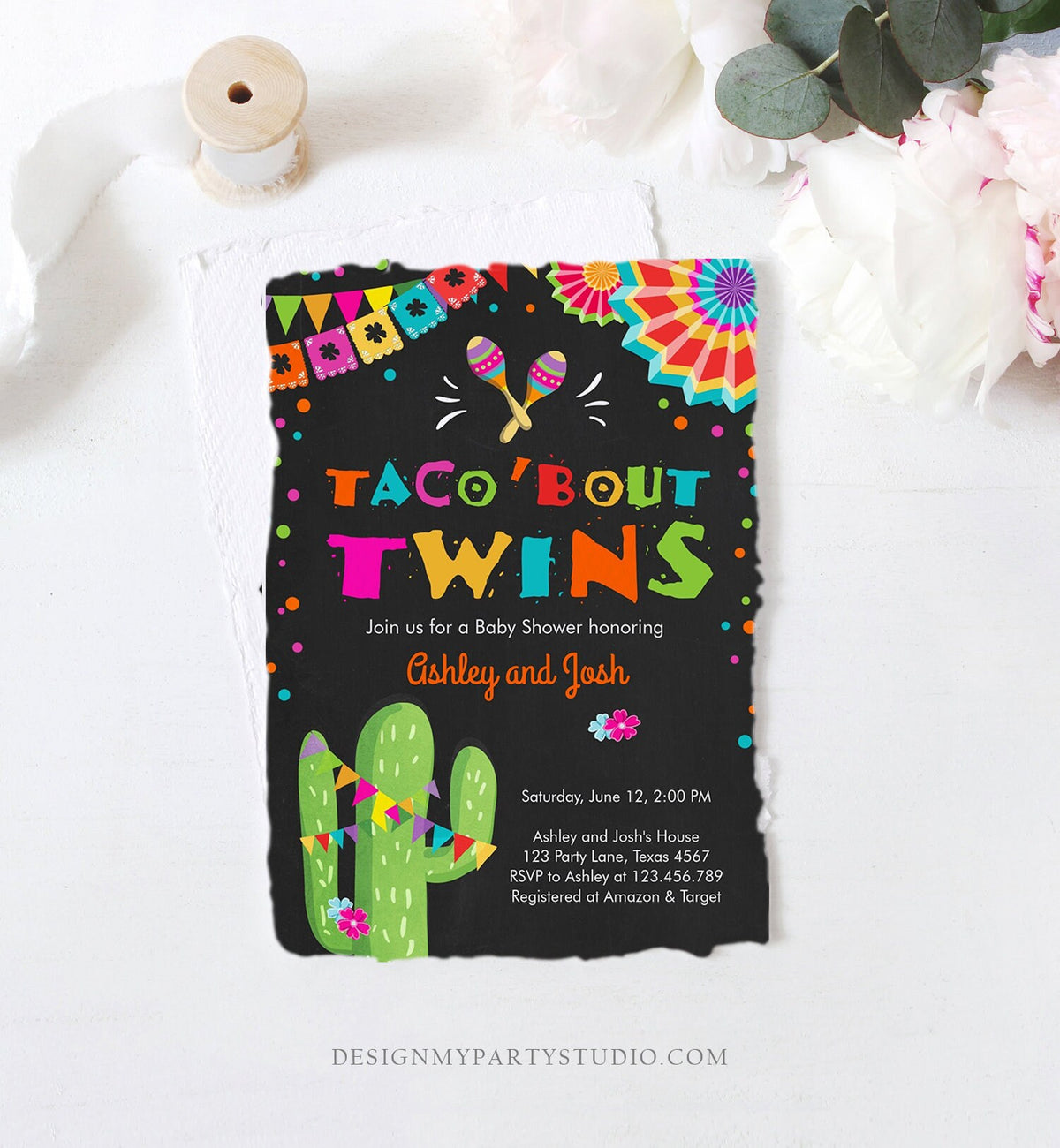 Editable Taco Bout Twins Baby Shower Invitation Cactus Chalk Mexican Fiesta Couples Shower Digital Download Evite Template Printable 0045