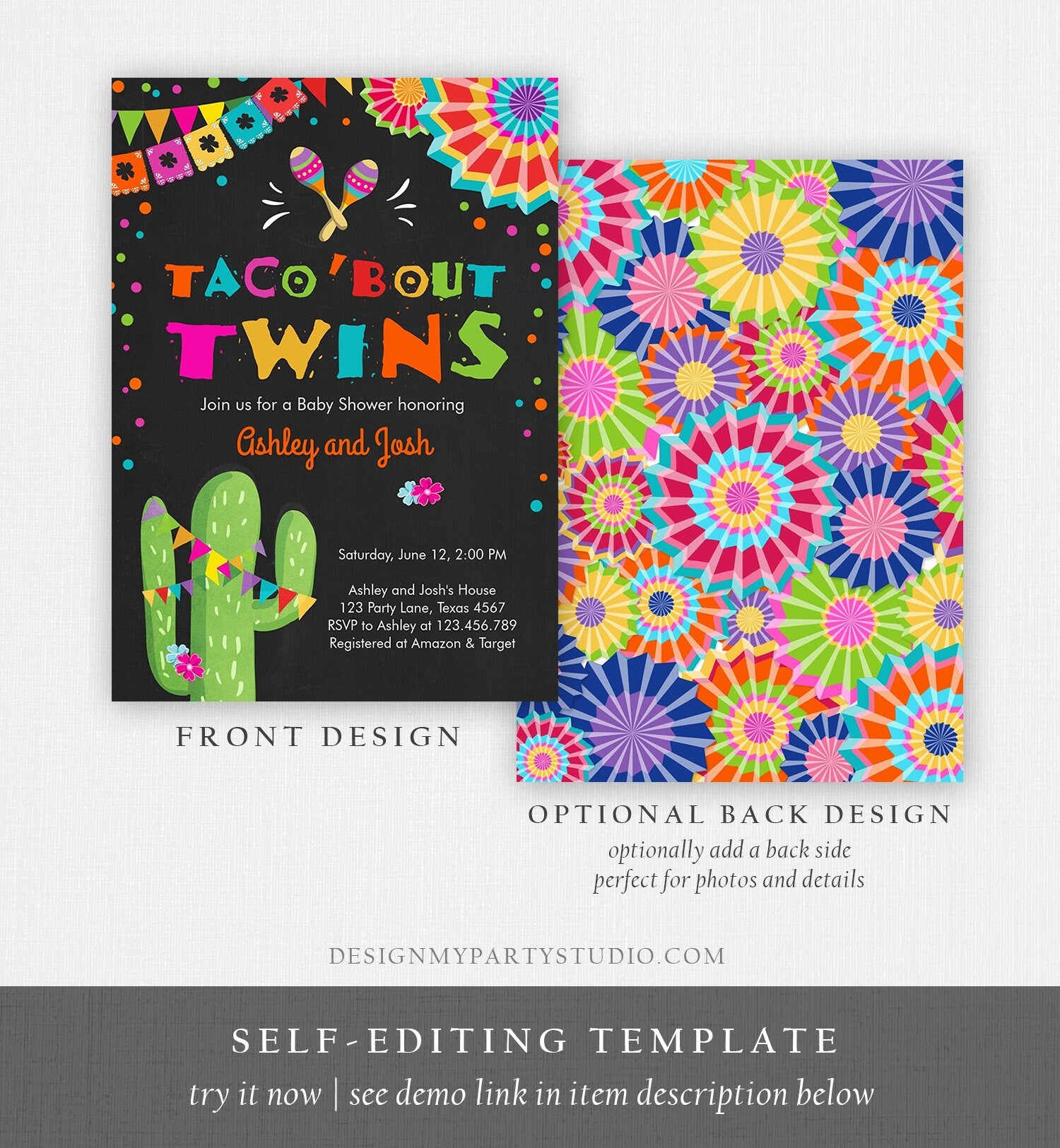 Editable Taco Bout Twins Baby Shower Invitation Cactus Chalk Mexican Fiesta Couples Shower Digital Download Evite Template Printable 0045