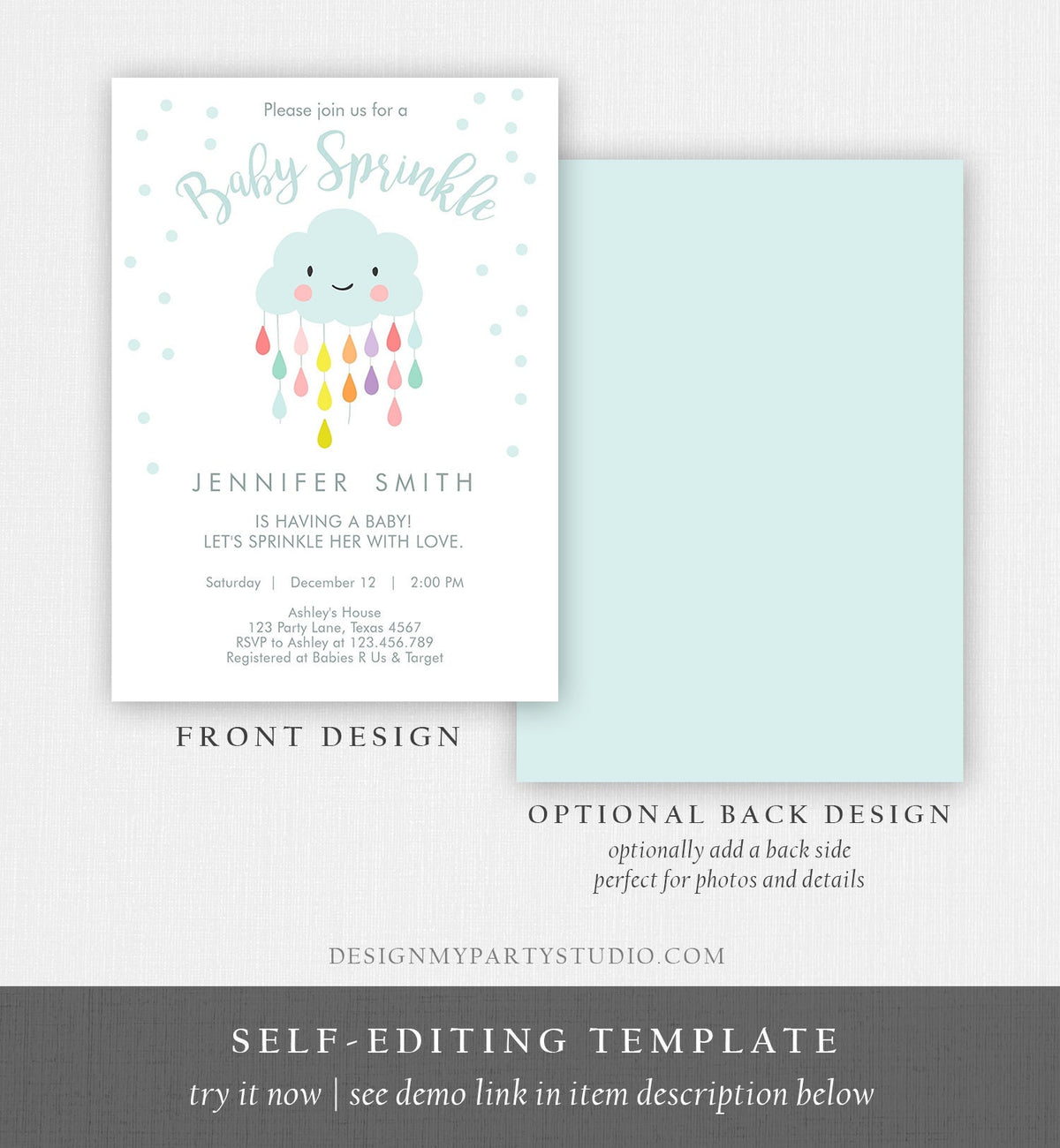 Editable Cloud Baby Sprinkle Invitation Raindrop Sprinkle with Love Rain Drops Neutral Digital Download Evite Template Printable 0036