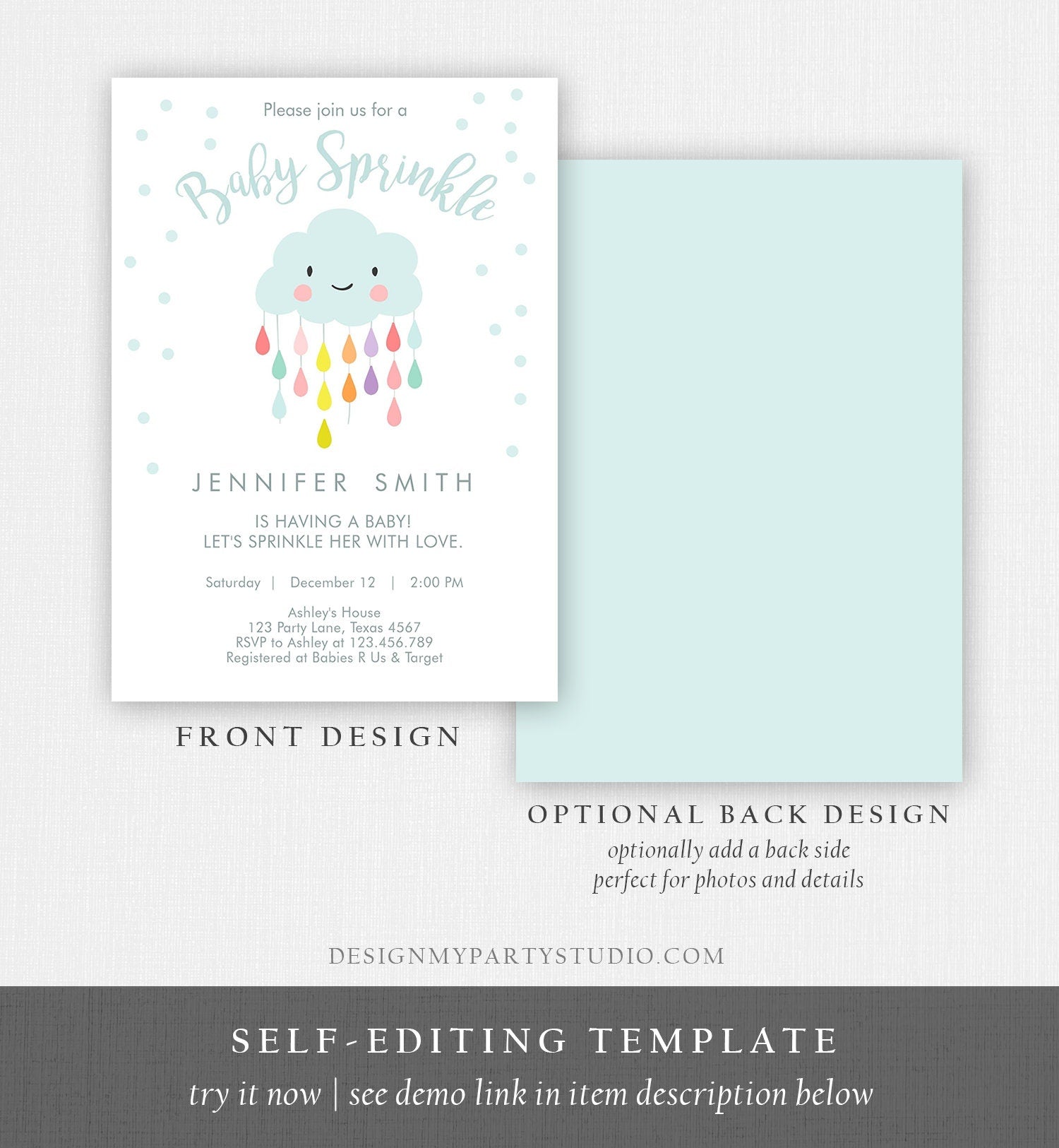 Editable Cloud Baby Sprinkle Invitation Raindrop Sprinkle with Love Rain Drops Neutral Digital Download Evite Template Printable 0036