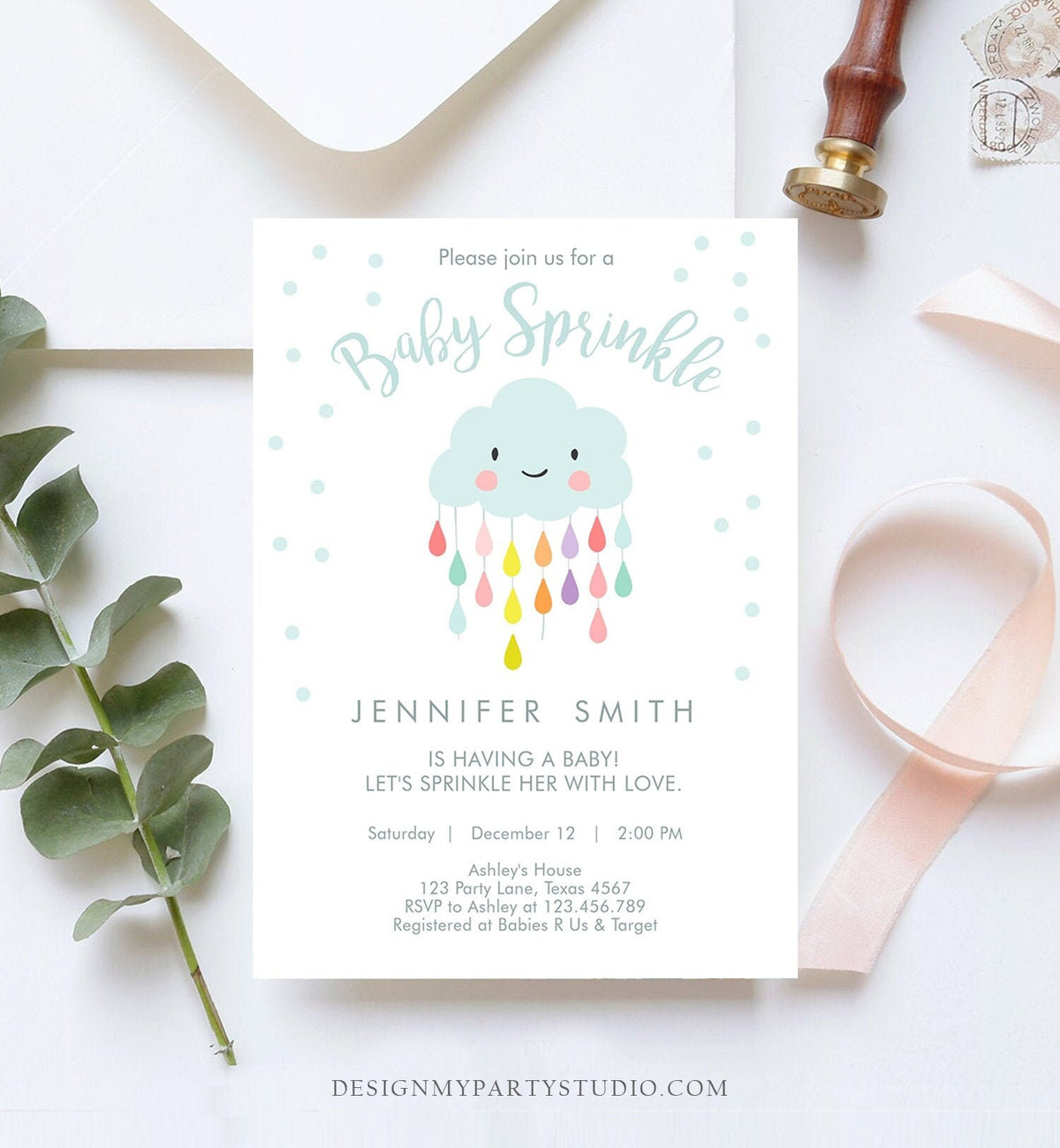 Editable Cloud Baby Sprinkle Invitation Raindrop Sprinkle with Love Rain Drops Neutral Digital Download Corjl Template Printable  0036