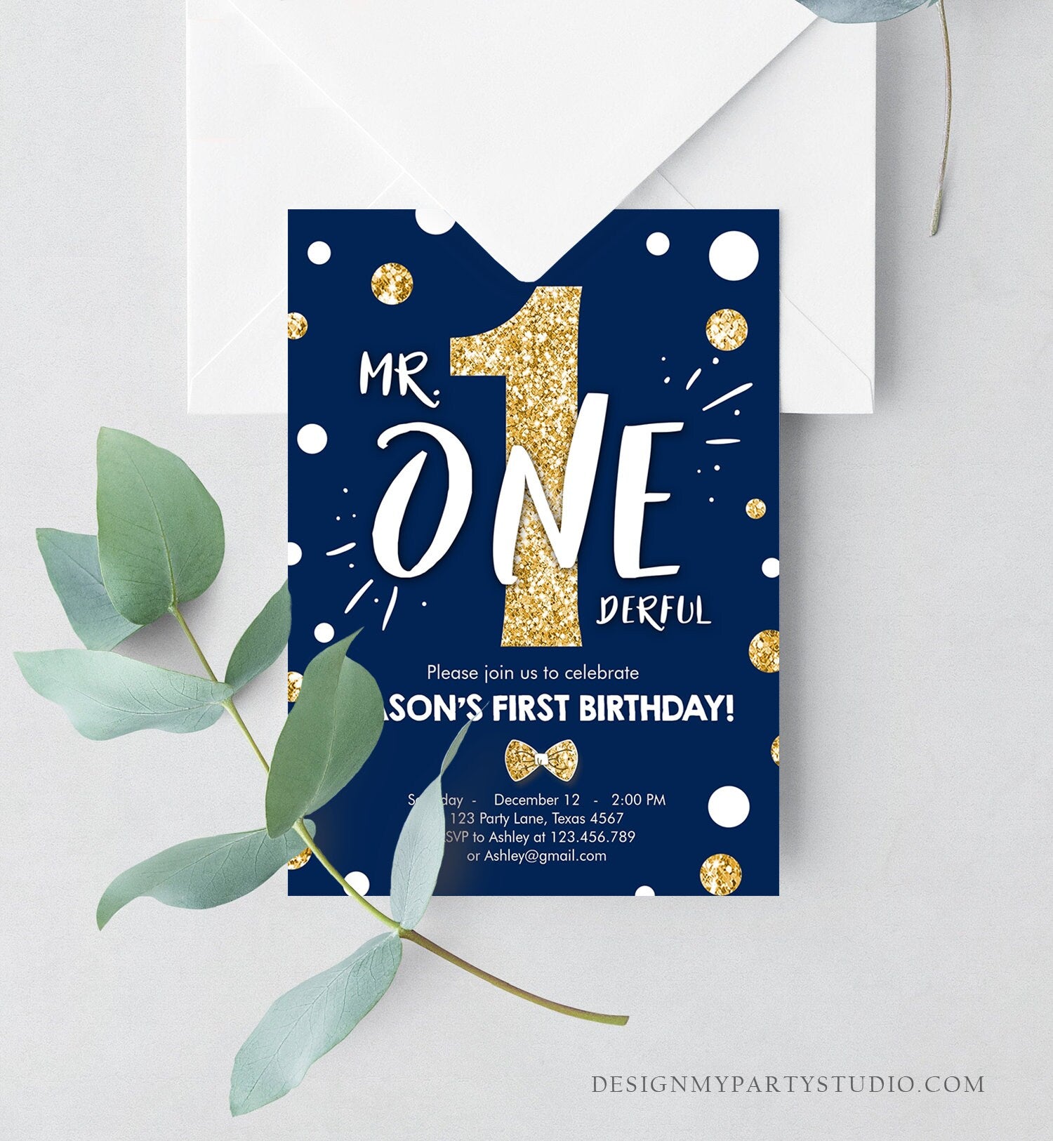 Editable Mr Onederful Birthday Invitation Gold Bow Tie Navy Blue Boy First Birthday Confetti 1st Download Printable Corjl Template 0072