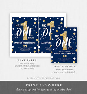 Editable Mr Onederful Birthday Invitation Gold Bow Tie Navy Blue Boy First Birthday Confetti 1st Download Printable Corjl Template 0072