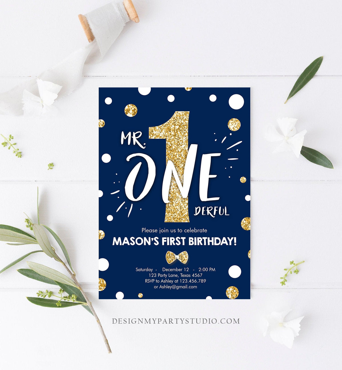 Editable Mr Onederful Birthday Invitation Gold Bow Tie Navy Blue Boy First Birthday Confetti 1st Download Corjl Template Printable 0072