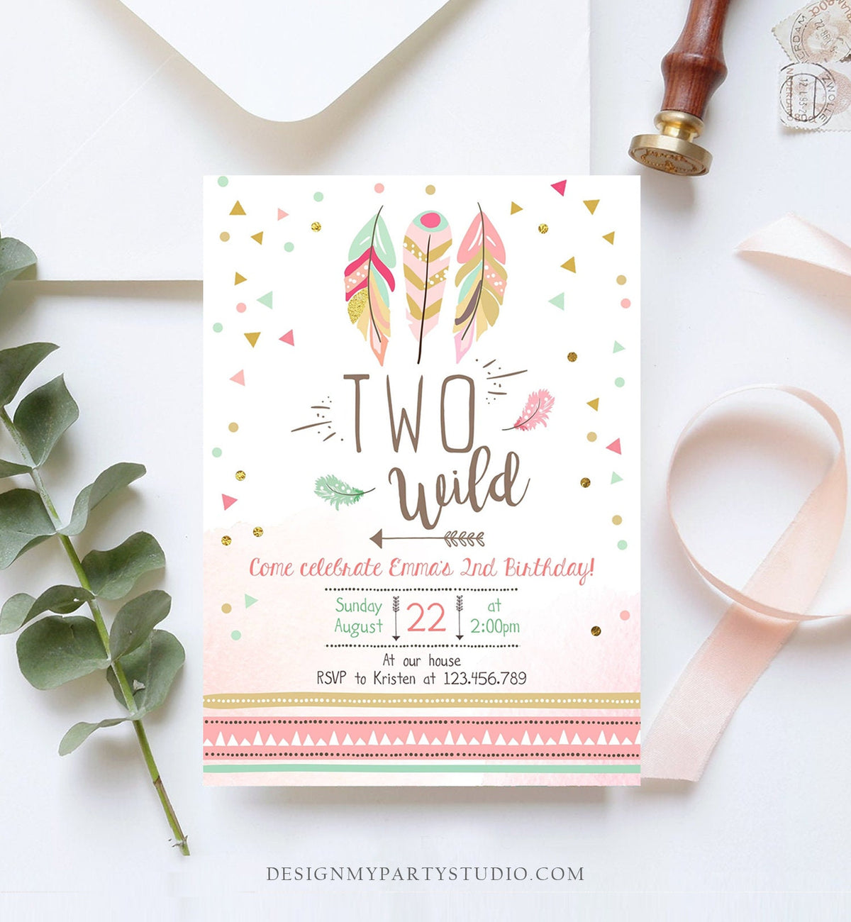 Editable Two Wild Birthday Invitation Feathers Tribal Girl Pink Boho Arrow Coral Mint Instant Download Printable Corjl Template Digital 0073