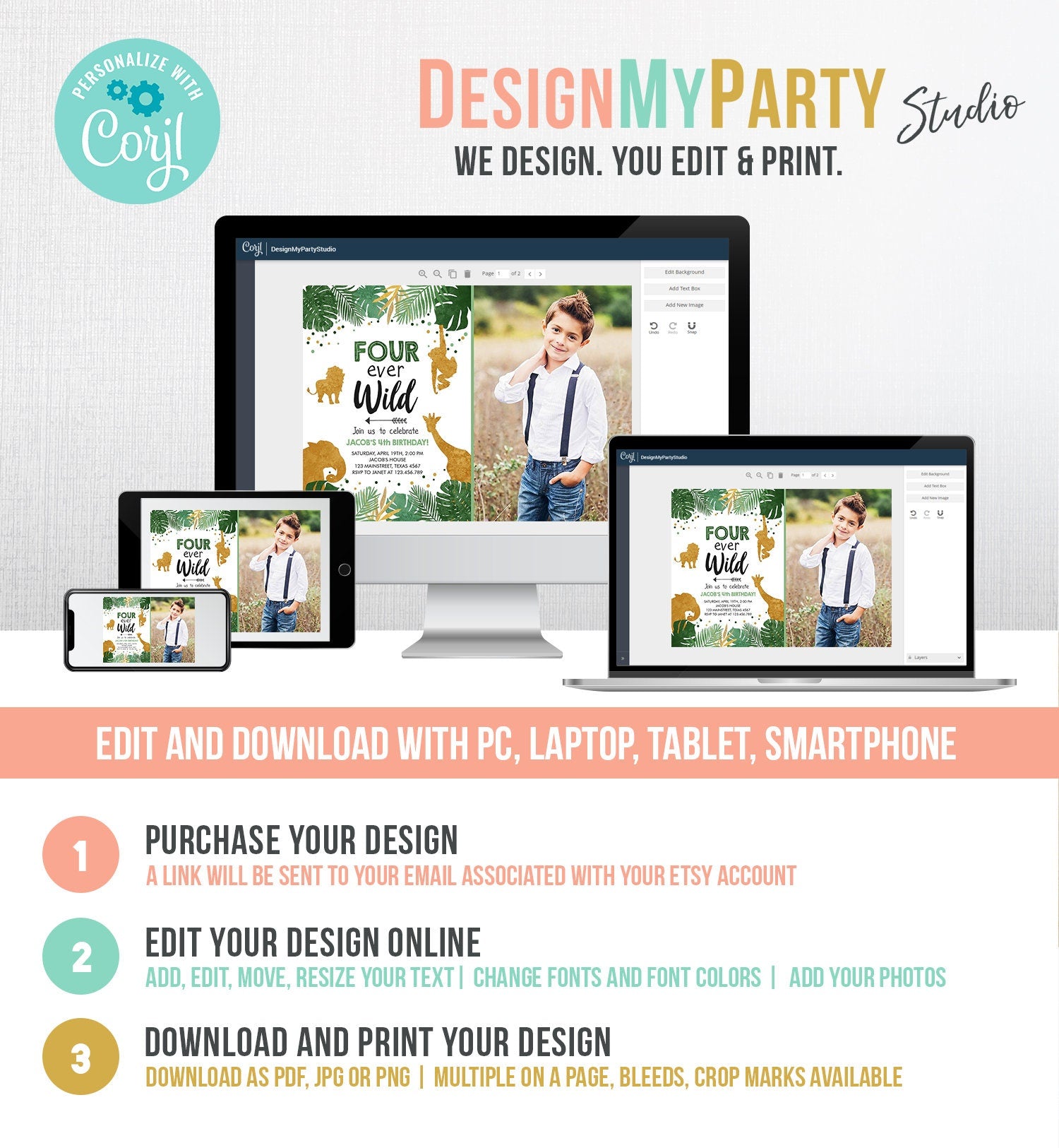 Editable Fourever Wild Birthday Invitation Safari Animals Jungle Zoo Party Boy Gold Fourth Birthday 4th Four Printable Corjl Template 0016