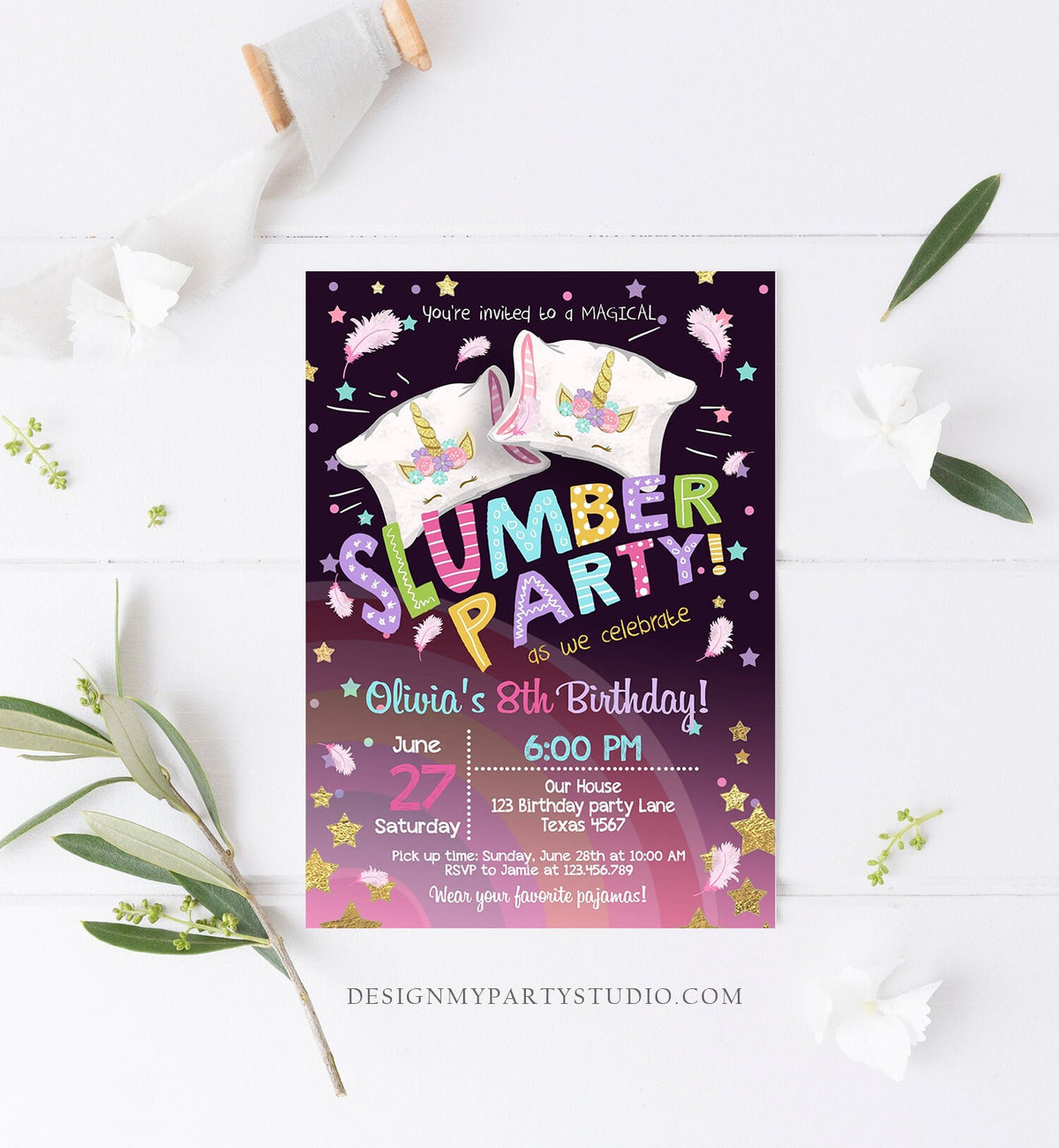 Editable Unicorn Slumber Party Birthday Invitation Sleepover Pyjamas Girl Pink Gold Rainbow Gold Download Printable Corjl Template 0328
