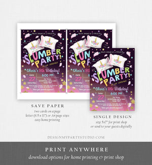 Editable Unicorn Slumber Party Birthday Invitation Sleepover Pyjamas Girl Pink Gold Rainbow Gold Download Printable Corjl Template 0328
