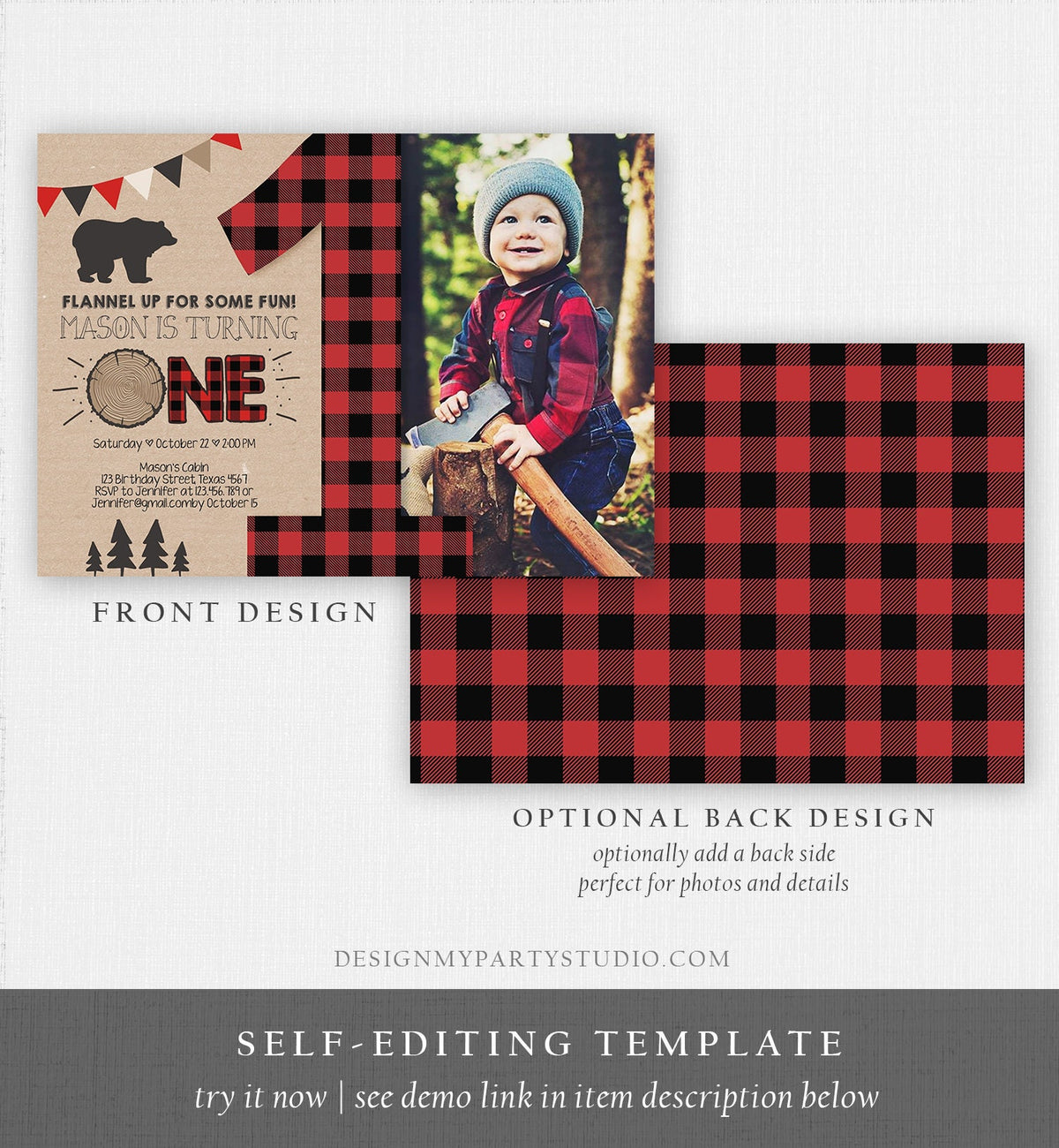 Editable Lumberjack Birthday Invitation First Birthday 1st Boy Woodland Bear Forest Red Black Plaid Rustic Digital Template Printable 0026