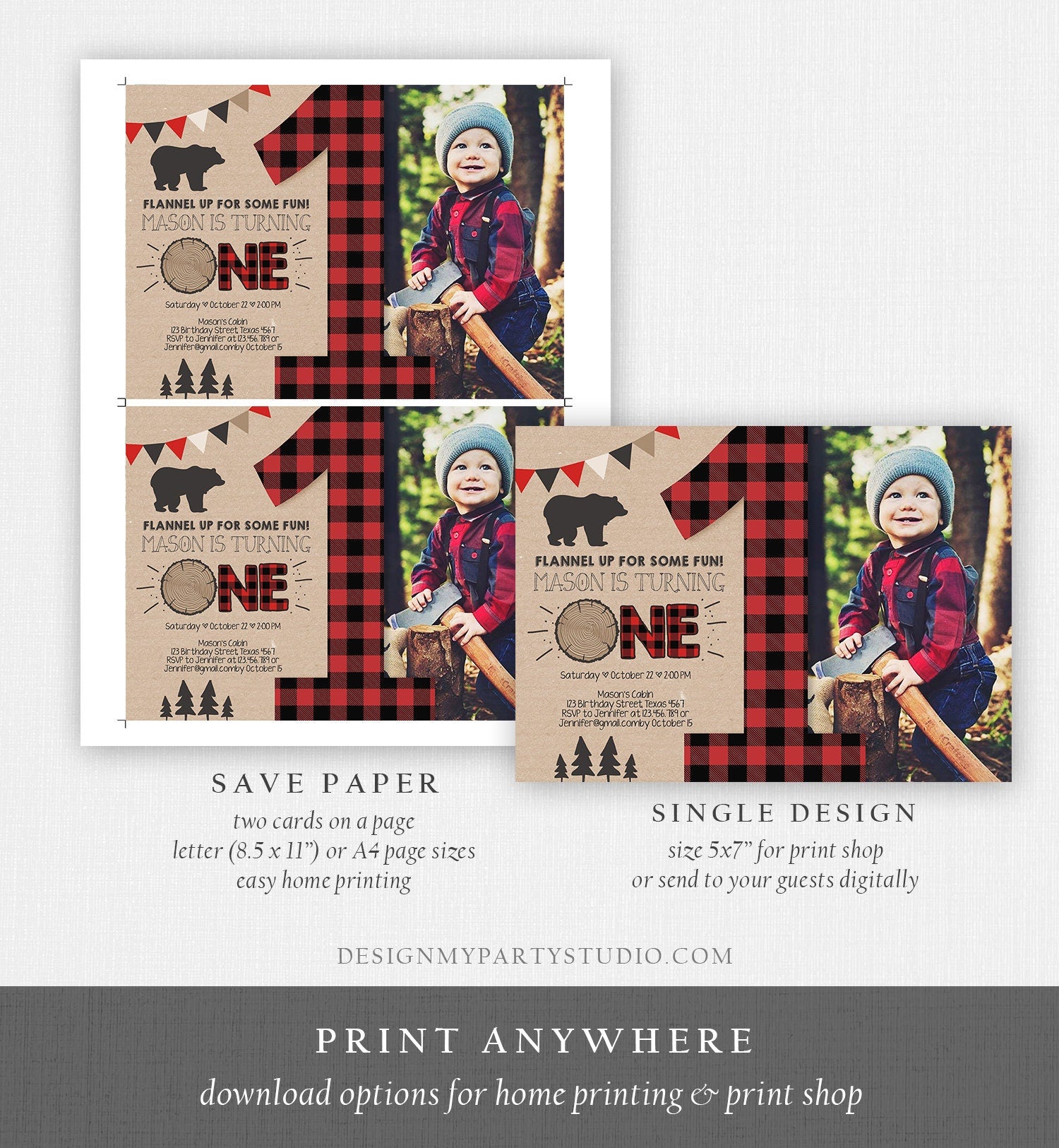 Editable Lumberjack Birthday Invitation First Birthday 1st Boy Woodland Bear Forest Red Black Plaid Rustic Digital Template Printable 0026