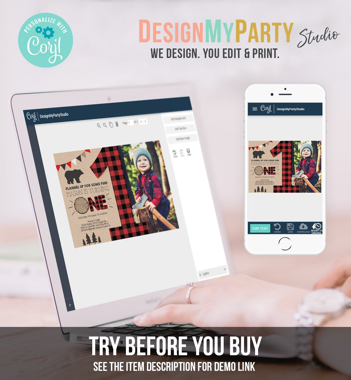 Editable Lumberjack Birthday Invitation First Birthday 1st Boy Woodland Bear Forest Red Black Plaid Rustic Digital Template Printable 0026