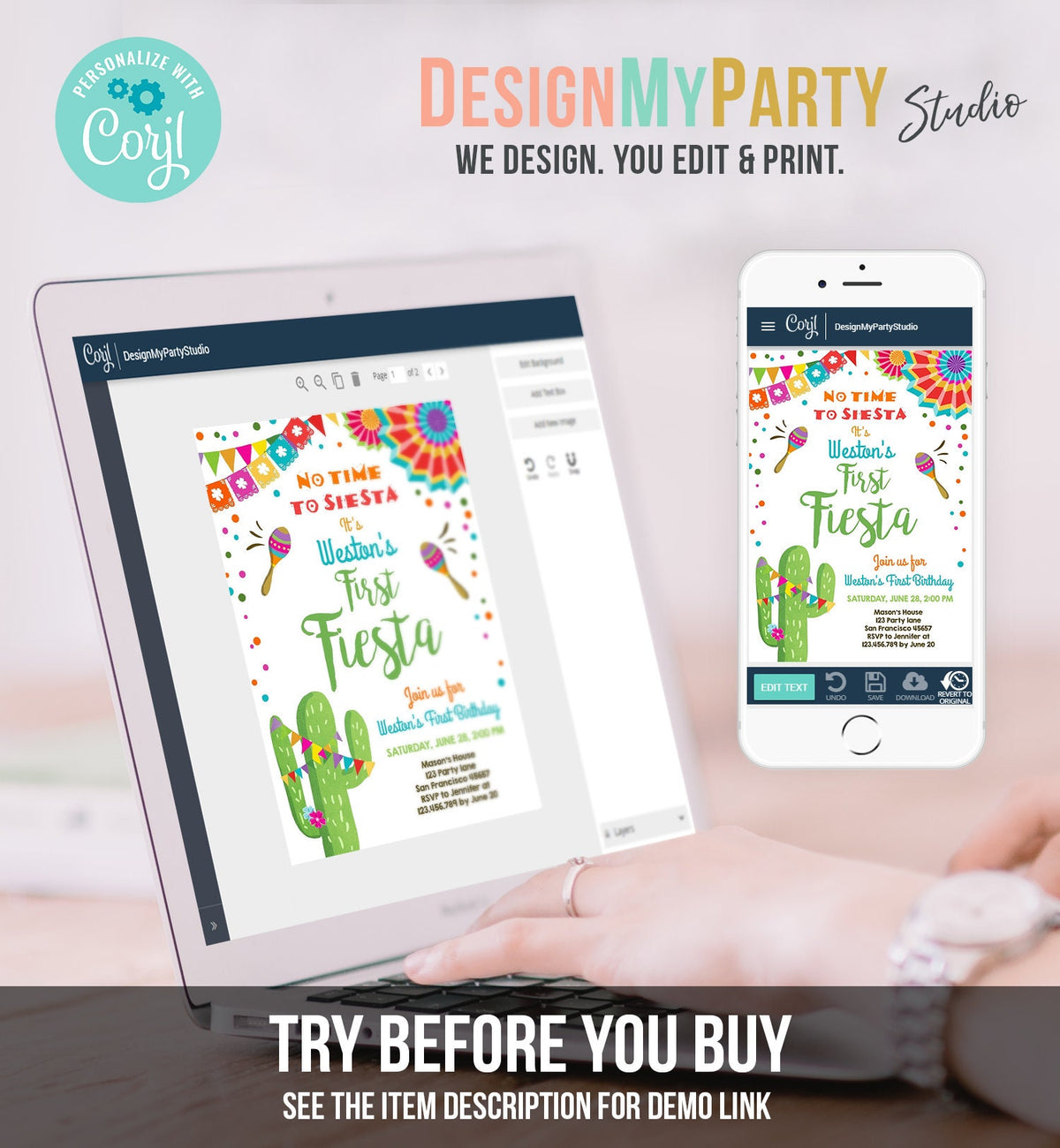 Editable First Fiesta Birthday Invitation Let&#39;s Fiesta No Time To Siesta Cactus Mexican Boy Cactus Digital Download Template Printable 0045