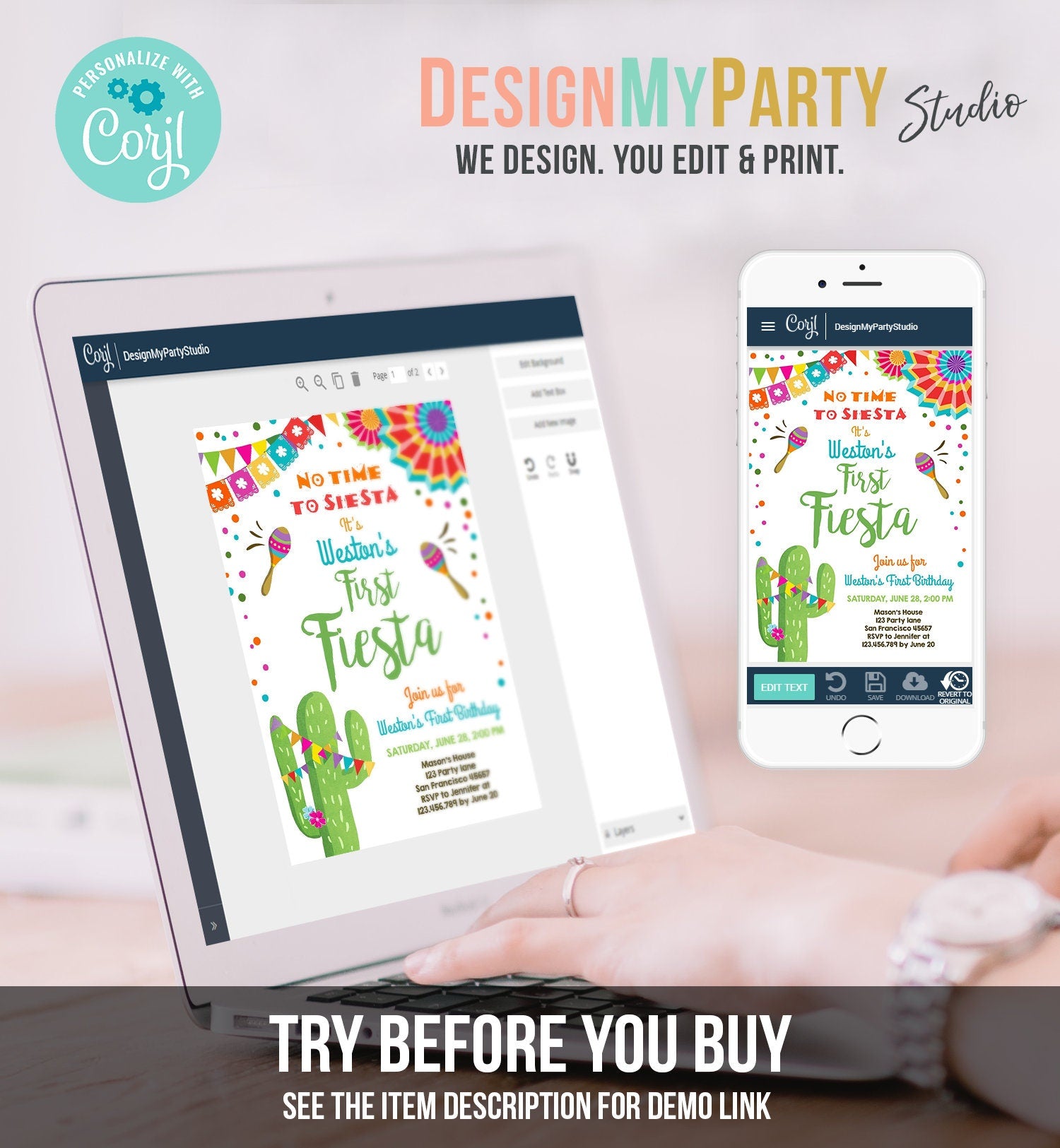 Editable First Fiesta Birthday Invitation Let's Fiesta No Time To Siesta Cactus Mexican Boy Cactus Digital Download Template Printable 0045