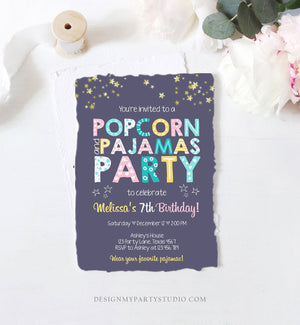 Editable Popcorn and Pajamas Birthday Invitation Movie Night Birthday Party Girl Pink Purple Green Stars Corjl Template Printable 0218