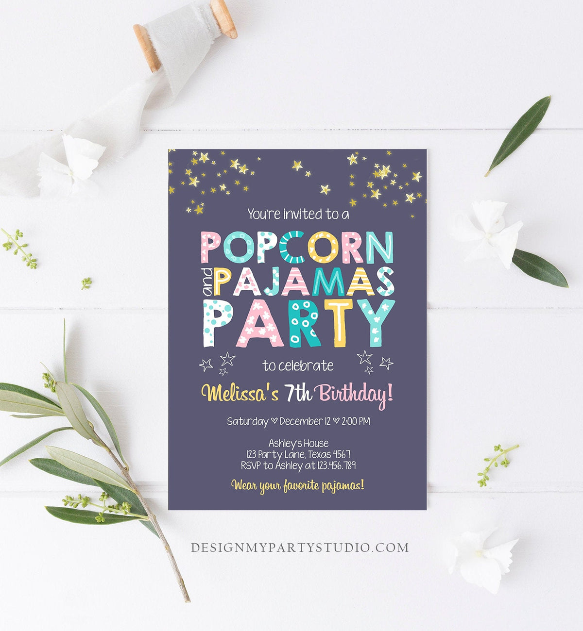 Editable Popcorn and Pajamas Birthday Invitation Movie Night Birthday Party Girl Pink Purple Green Stars Corjl Template Printable 0218