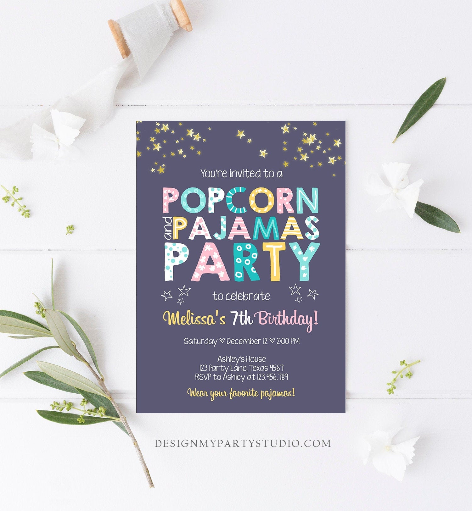Editable Popcorn and Pajamas Birthday Invitation Movie Night Birthday Party Girl Pink Purple Green Stars Corjl Template Printable 0218