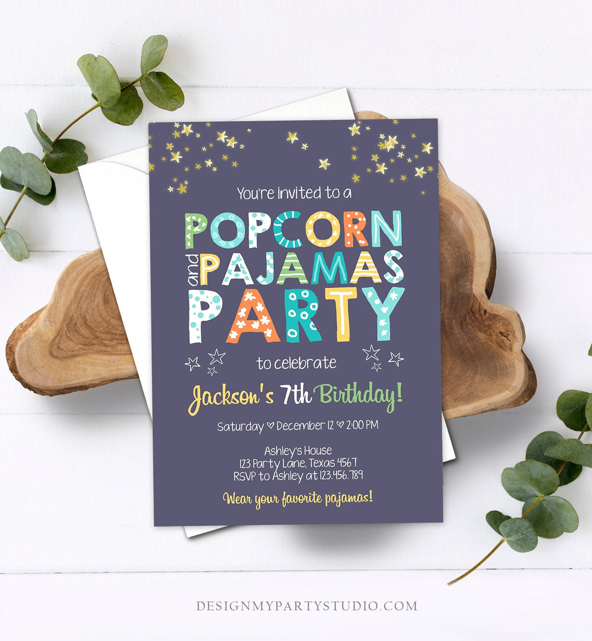 Editable Popcorn and Pajamas Birthday Invitation Movie Night Birthday Party Boy Blue Orange Green Stars Corjl Template Printable 0218
