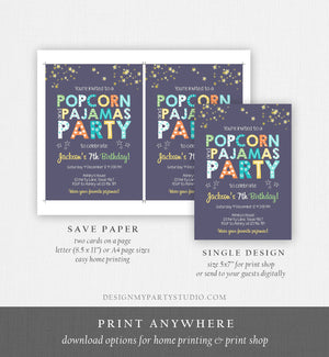 Editable Popcorn and Pajamas Birthday Invitation Movie Night Birthday Party Boy Blue Orange Green Stars Corjl Template Printable 0218