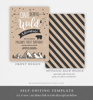 Editable A Onederful Wild Adventure First Birthday Invitation Brown Wild Things Boy Mountains Bear Outdoor Hunter Green Corjl Template 0083