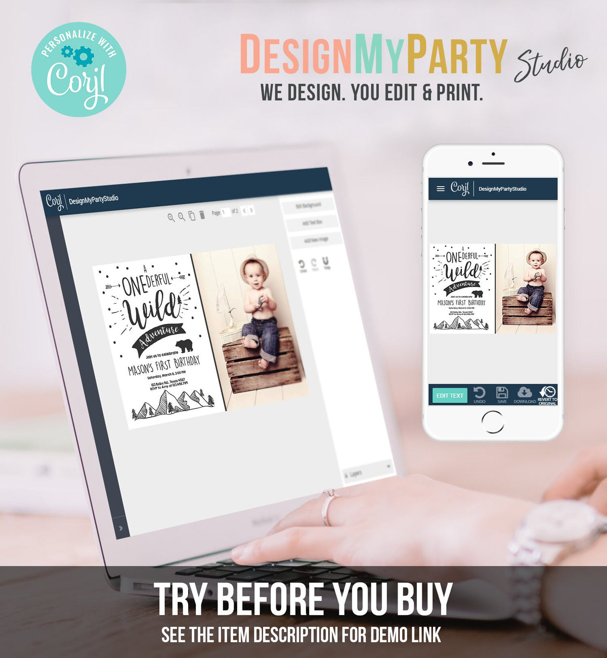 Editable A Onederful Wild Adventure First Birthday Invitation Wild Things Boy Mountains Bear Outdoor Hunter Green Corjl Template 0083