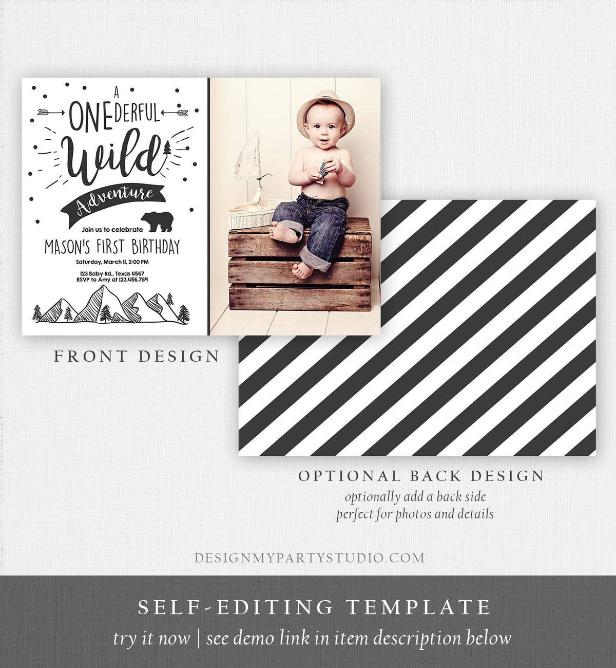 Editable A Onederful Wild Adventure First Birthday Invitation Wild Things Boy Mountains Bear Outdoor Hunter Green Corjl Template 0083