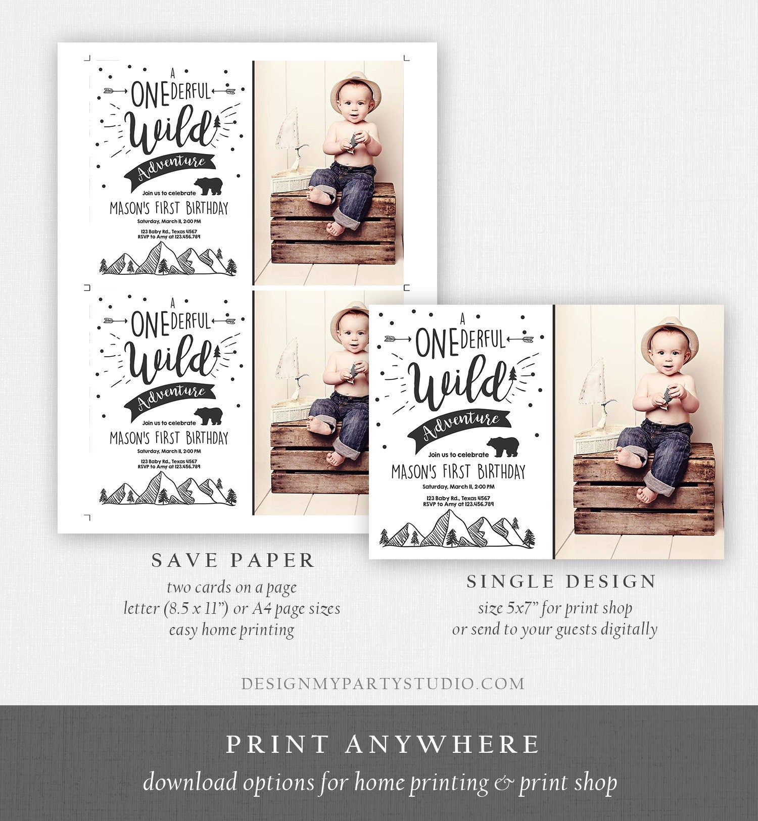 Editable A Onederful Wild Adventure First Birthday Invitation Wild Things Boy Mountains Bear Outdoor Hunter Green Corjl Template 0083