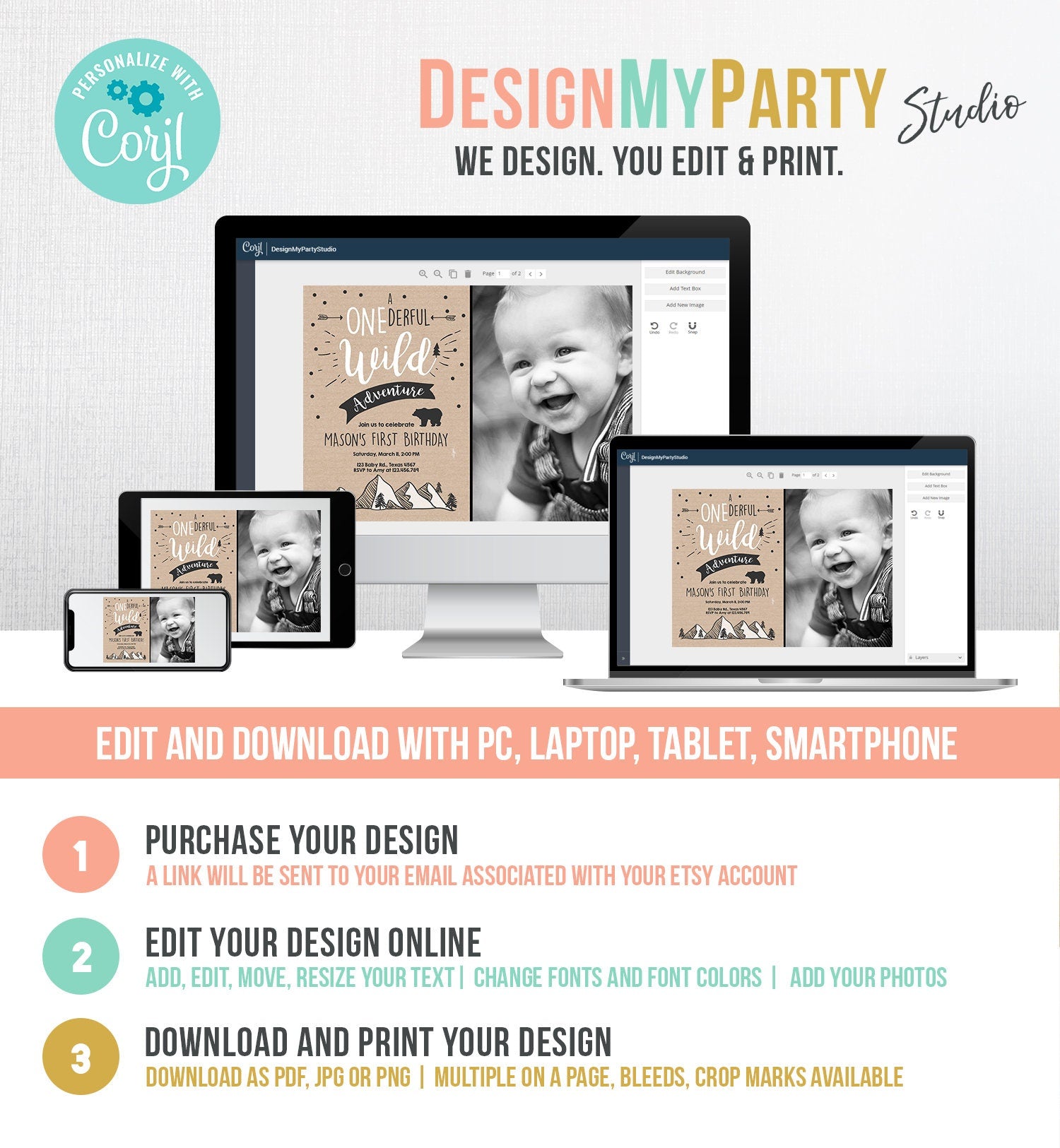 Editable A Onederful Wild Adventure First Birthday Invitation Wild Things Boy Mountains Bear Outdoor Paper Brown Photo Corjl Template 0083