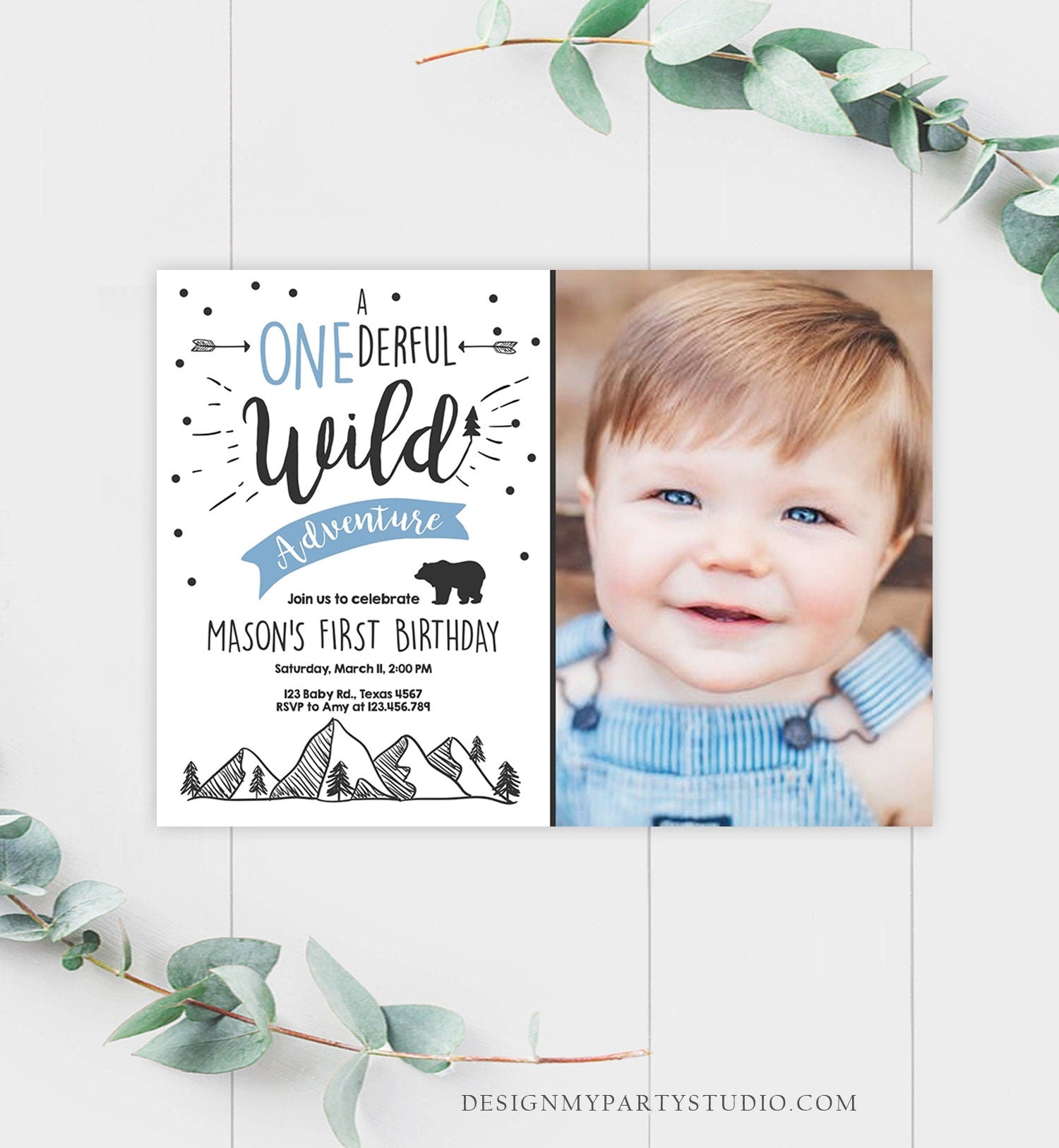 Editable A Onederful Wild Adventure First Birthday Invitation Wild Things Boy Bear Outdoor 1st Blue Photo Digital Template Printable 0083