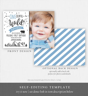 Editable A Onederful Wild Adventure First Birthday Invitation Wild Things Boy Mountains Bear Outdoor 1st Blue Photo Corjl Template 0083