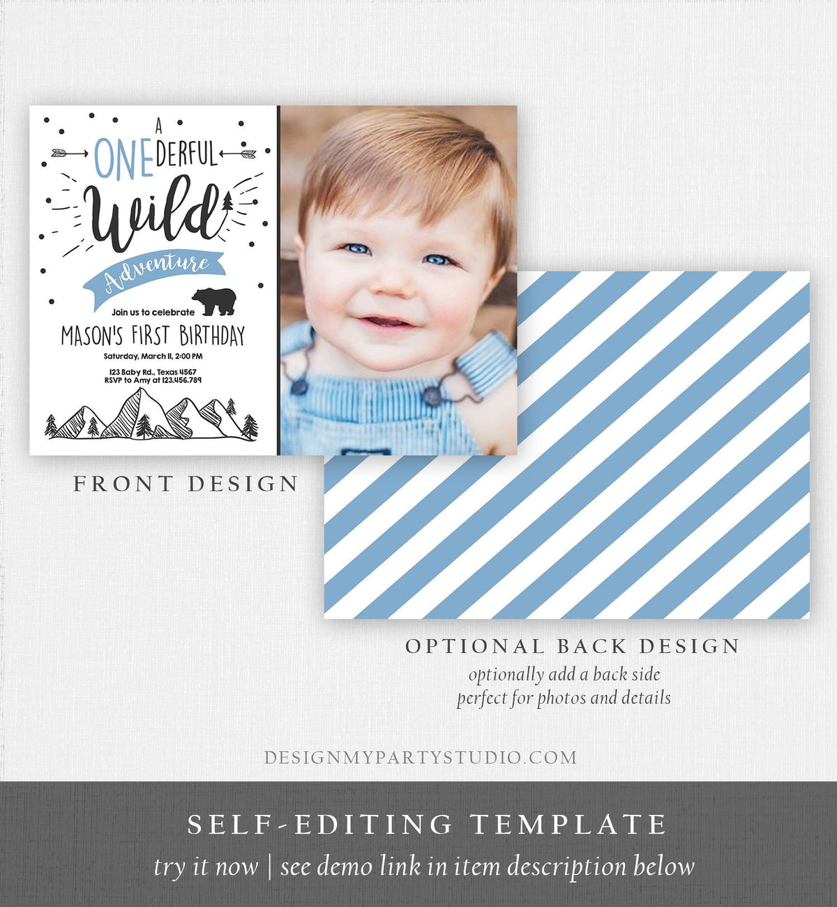Editable A Onederful Wild Adventure First Birthday Invitation Wild Things Boy Bear Outdoor 1st Blue Photo Digital Template Printable 0083