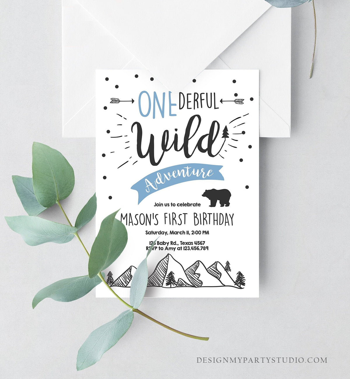 Editable A Onederful Wild Adventure First Birthday Invitation Wild Things Boy Mountains Bear Outdoor Download Evite Template Printable 0083