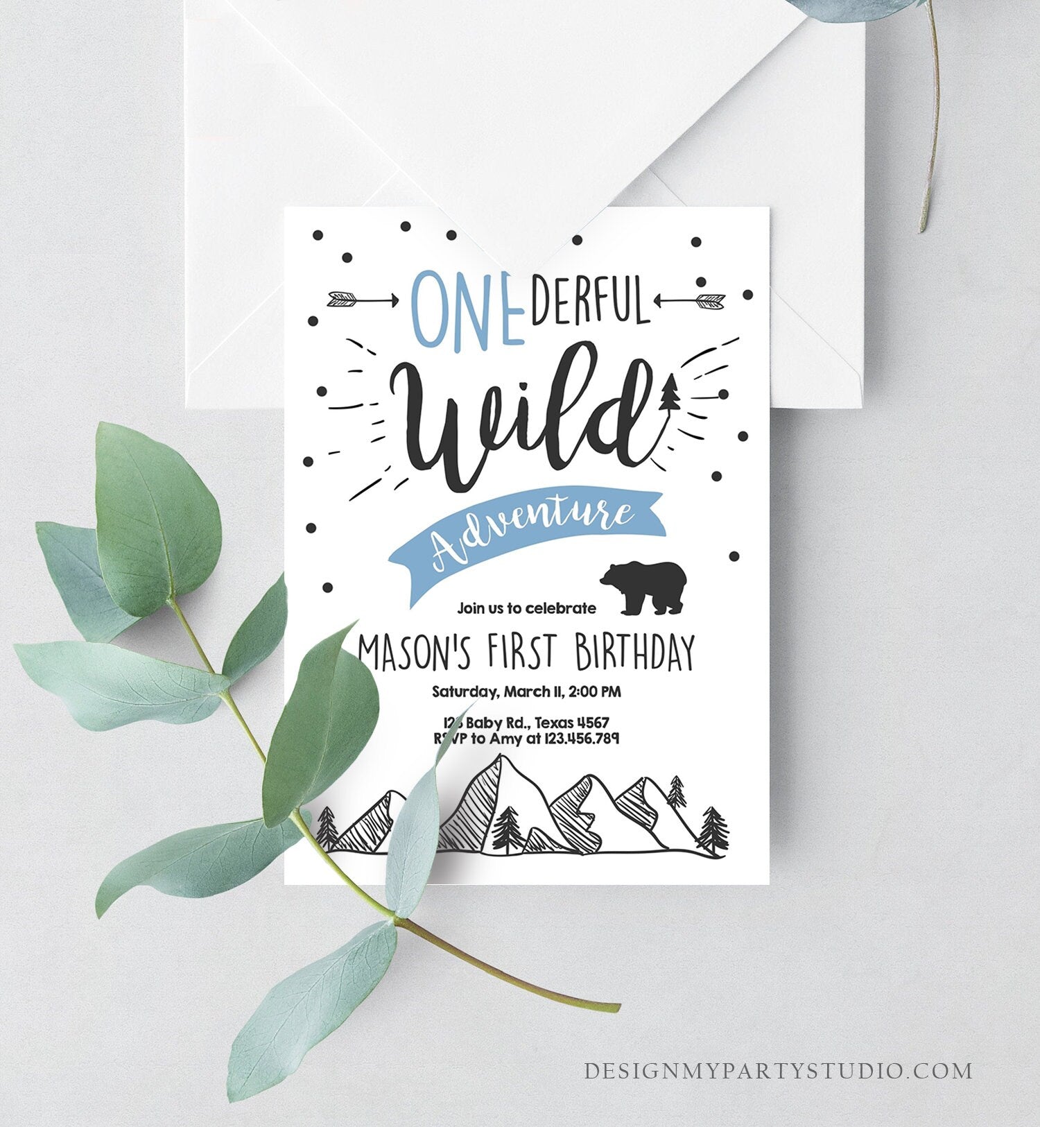 Editable A Onederful Wild Adventure First Birthday Invitation Wild Things Boy Mountains Bear Outdoor Download Evite Template Printable 0083