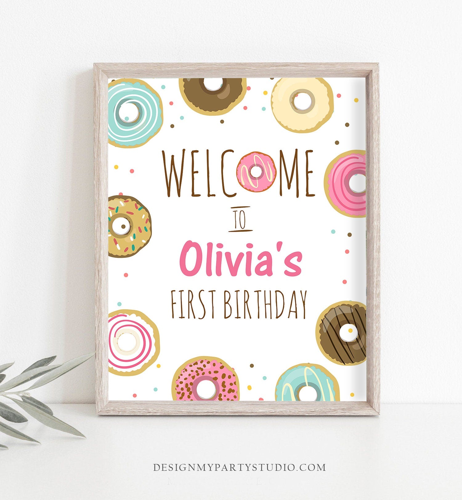 Editable Donut Welcome Sign Donut Birthday Party Pink Girl Doughnut Baby Shower Sprinkle Table Sign Download Corjl Template Printable 0050