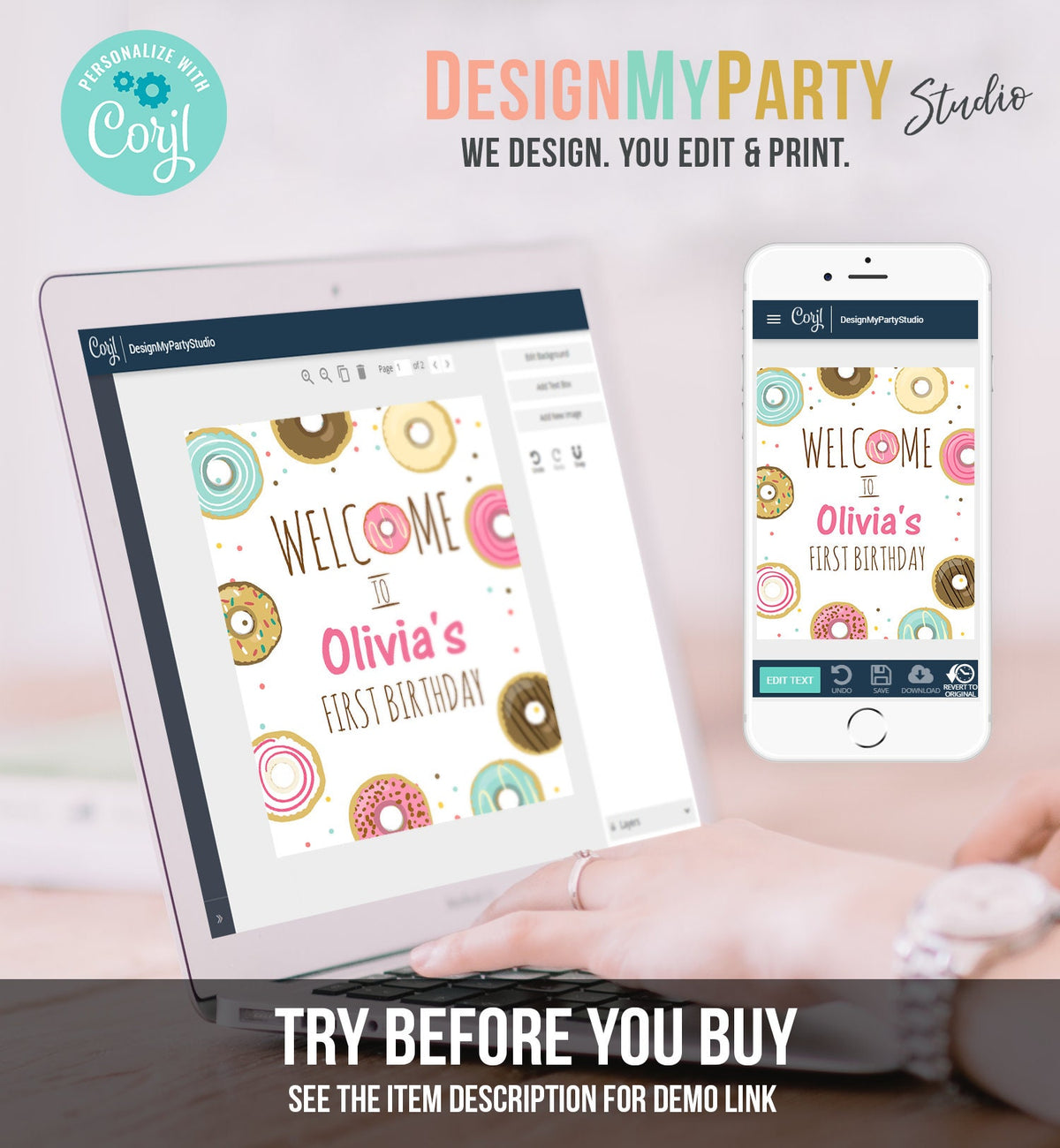 Editable Donut Welcome Sign Donut Birthday Party Pink Girl Doughnut Baby Shower Sprinkle Table Sign Download Corjl Template Printable 0050