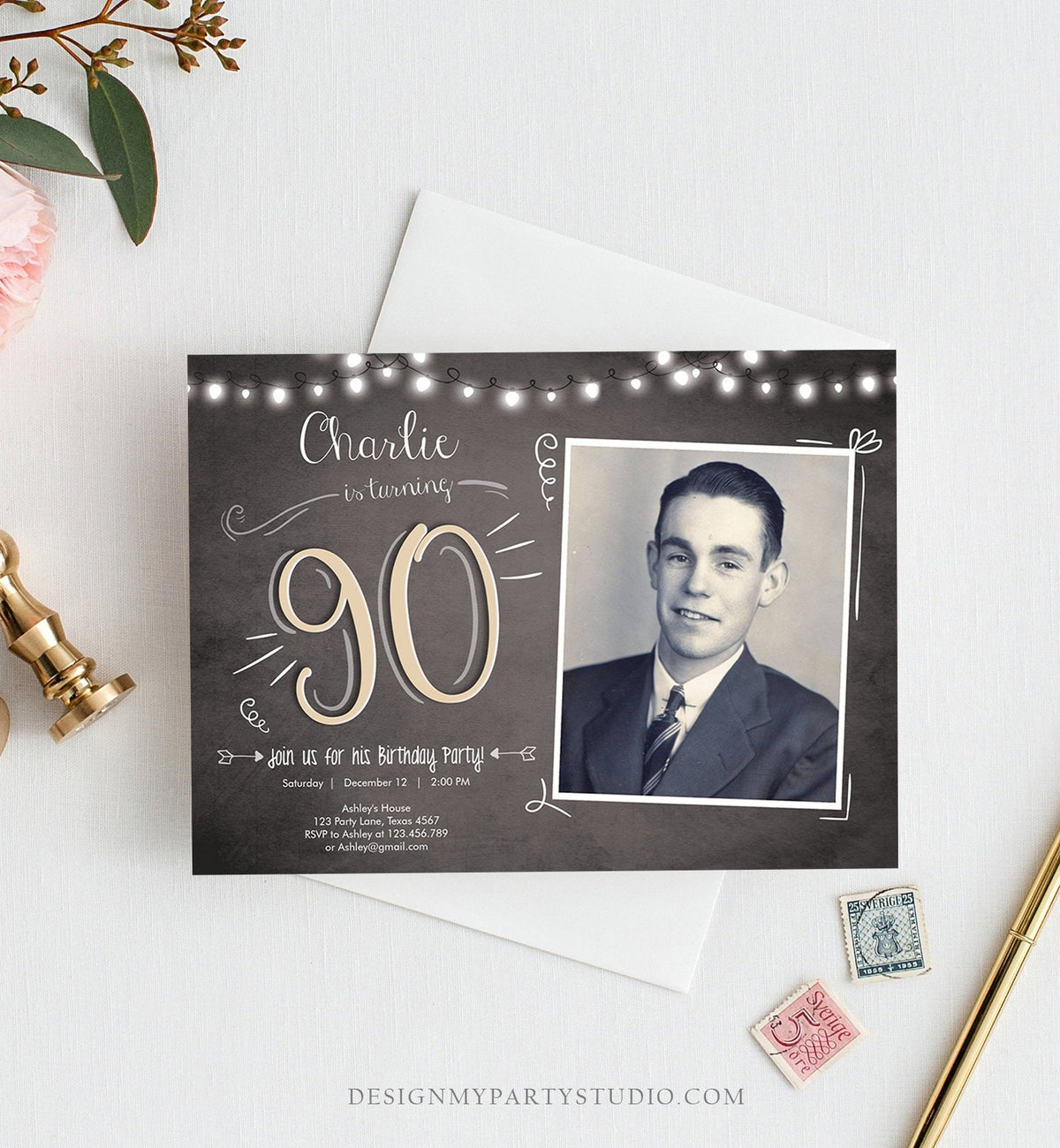 Editable 90th Birthday Invitation Chalkboard Rustic Adult Birthday Invitation Ninety Download Printable Invitation Template Corjl 0230