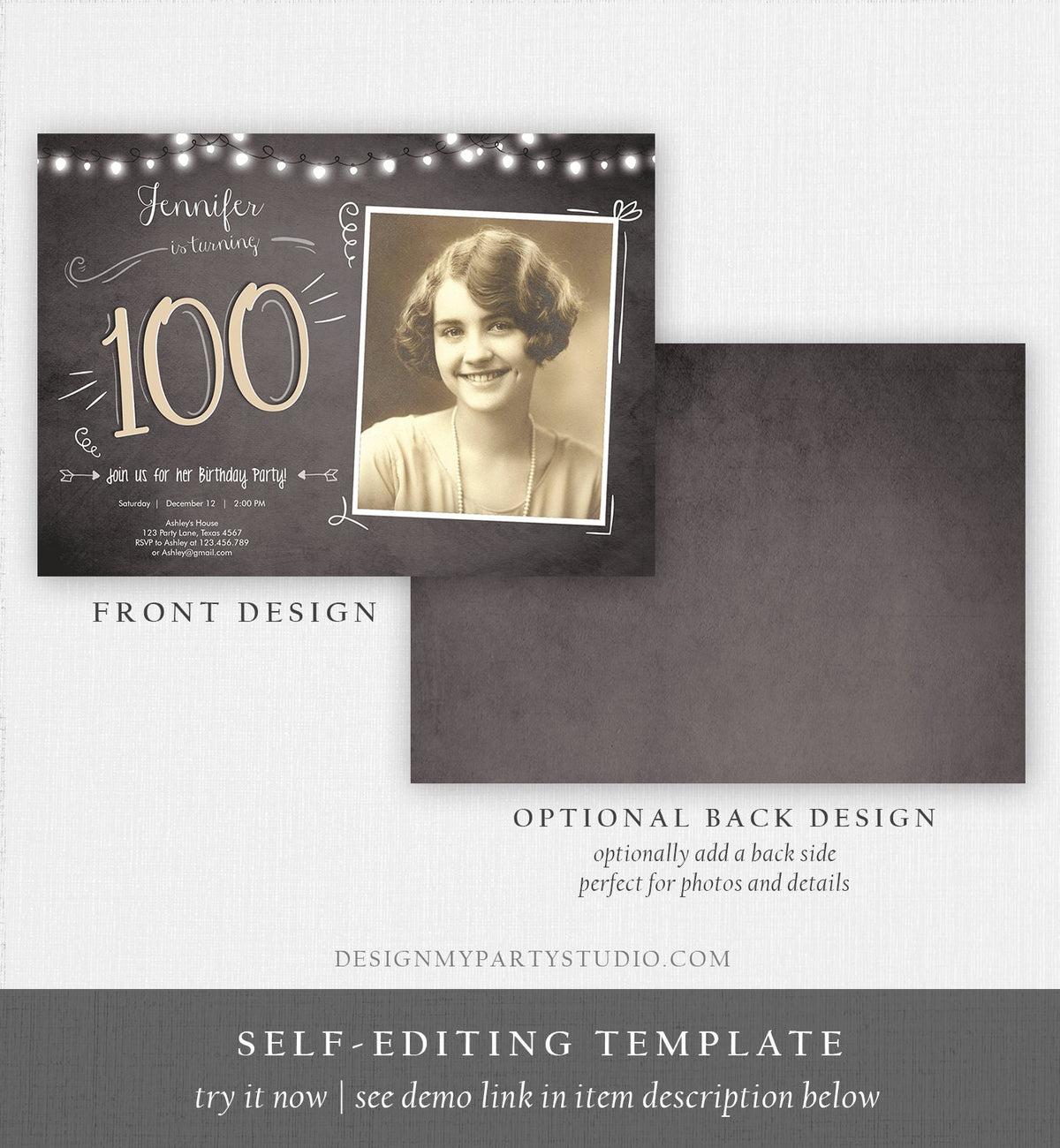 Editable 100th Birthday Invitation Chalkboard Rustic Adult Birthday Invitation Hundred Download Printable Invitation Template Corjl 0230