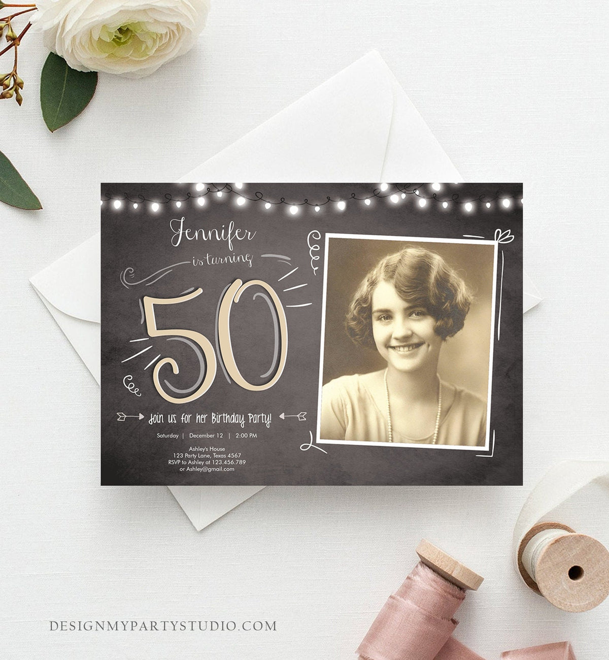 Editable 50th Birthday Invitation Vintage Chalk Rustic Adult Birthday Invitation Fifty Download Printable Invitation Template Corjl 0230