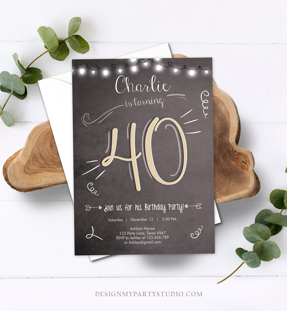 Editable 40th Birthday Invitation Chalkboard Rustic Adult Birthday Invitation Forty Download Printable Invitation Template Corjl 0230