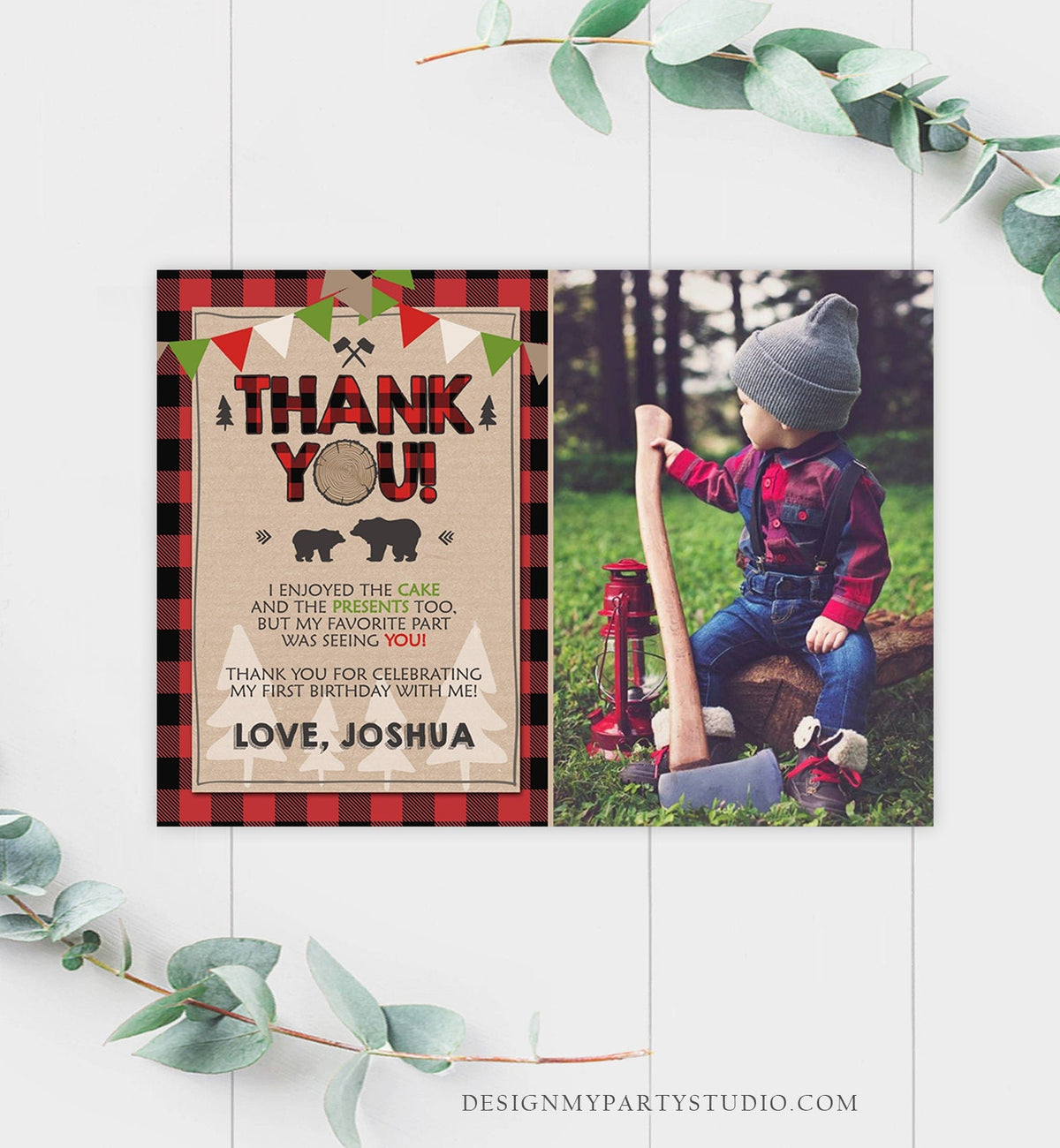 Editable Lumberjack Thank You Card Birthday Rustic Woodland Birthday Bear Forest Buffalo Plaid Winter Download Template Printable 0026