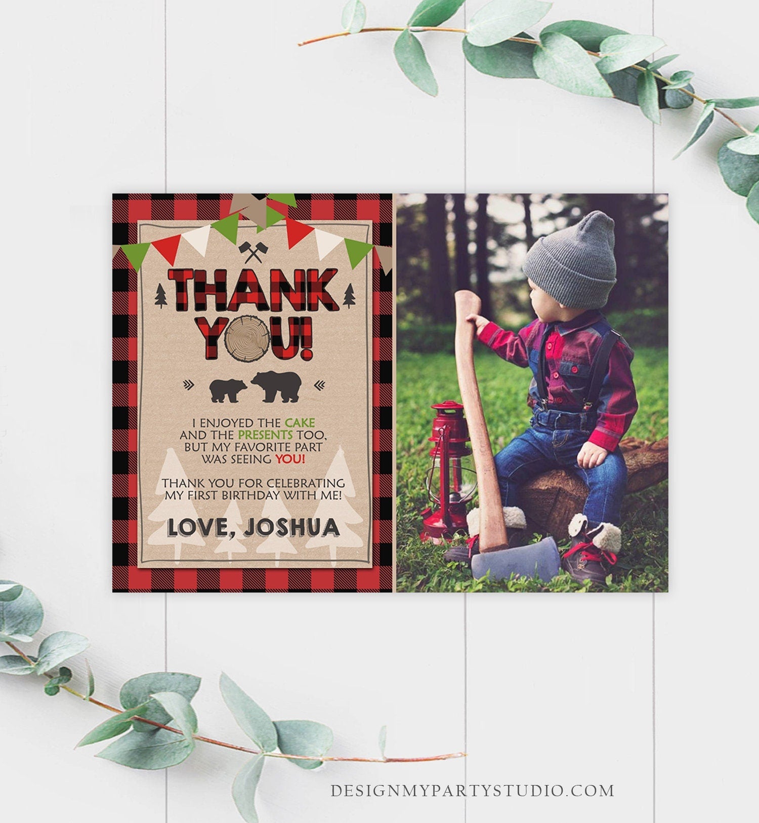 Editable Lumberjack Thank You Card Birthday Rustic Woodland Birthday Bear Forest Buffalo Plaid Winter Download Template Printable 0026