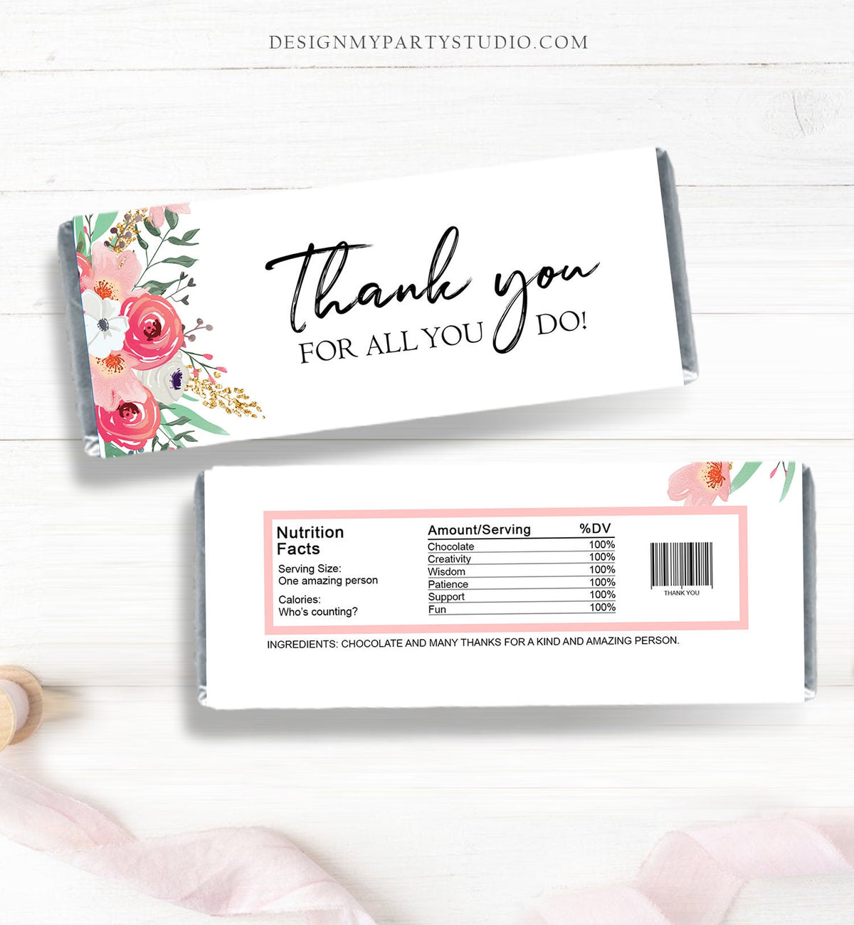 Thank You Candy Bar Wrappers Teacher Employee Appreciation Gift Floral Gold Pink Chocolate Bar Digital Download Printable 0464