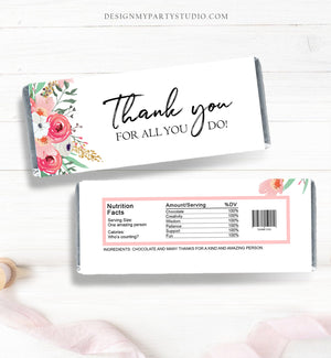Thank You Candy Bar Wrappers Printable Employee Appreciation Gift Teacher Floral Gold Pink Chocolate Bar Download DIGITAL PRINTABLE 0464