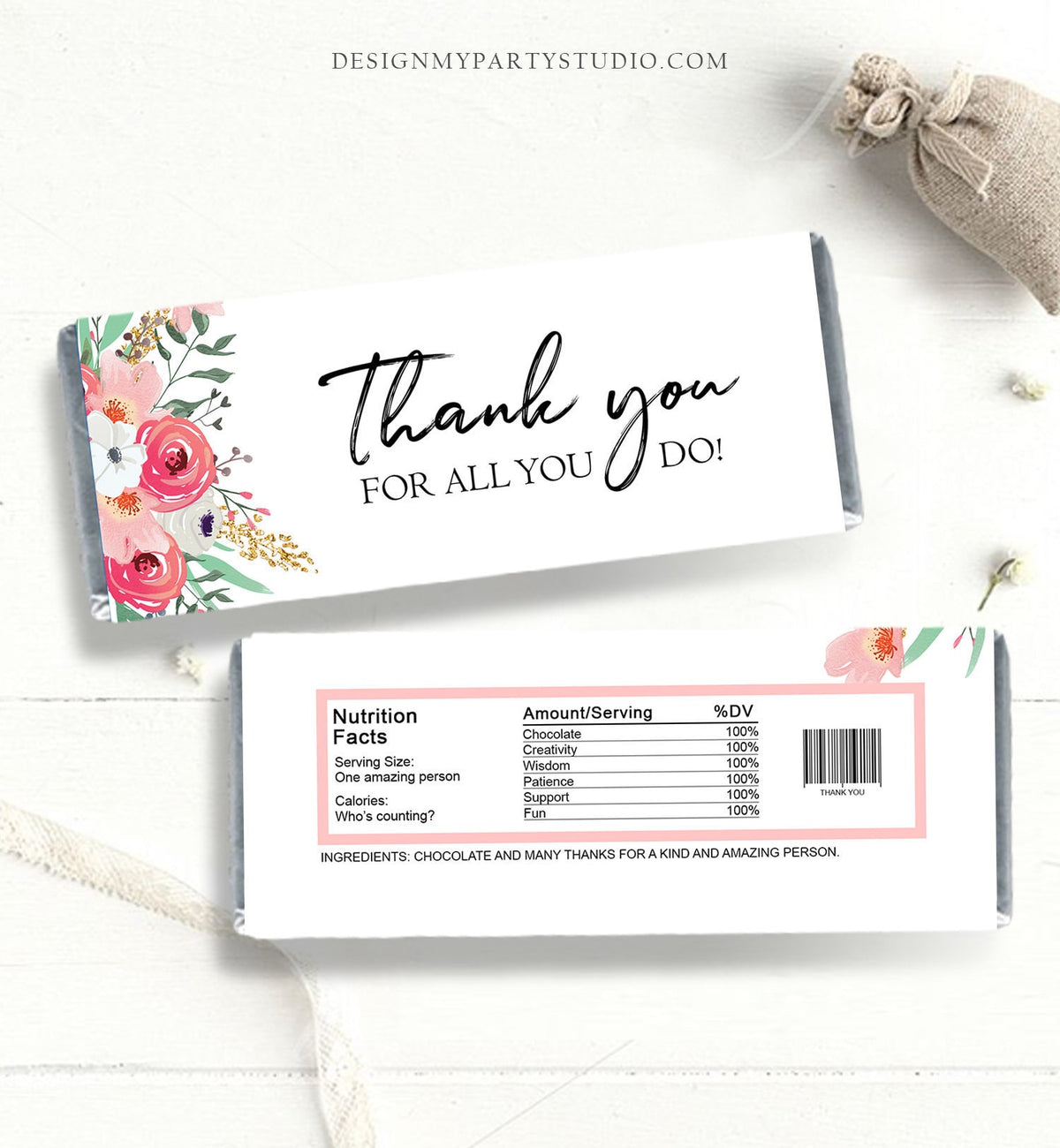 Thank You Candy Bar Wrappers Teacher Employee Appreciation Gift Floral Gold Pink Chocolate Bar Digital Download Printable 0464