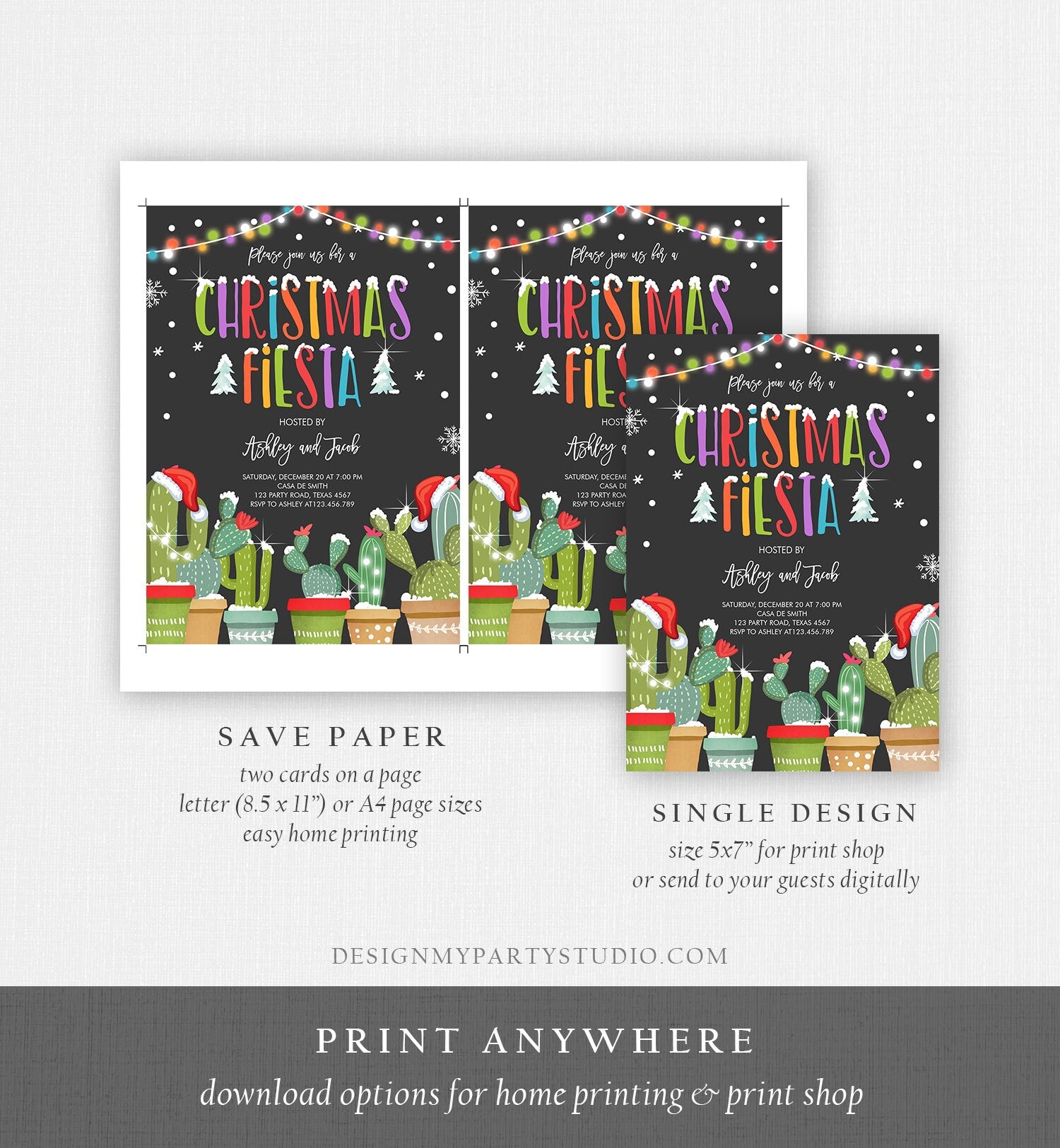 Editable Christmas Fiesta Invitation Cactus Mexican Holiday Fiesta Invite Christmas Party Mexican Digital Download Template Printable 0273