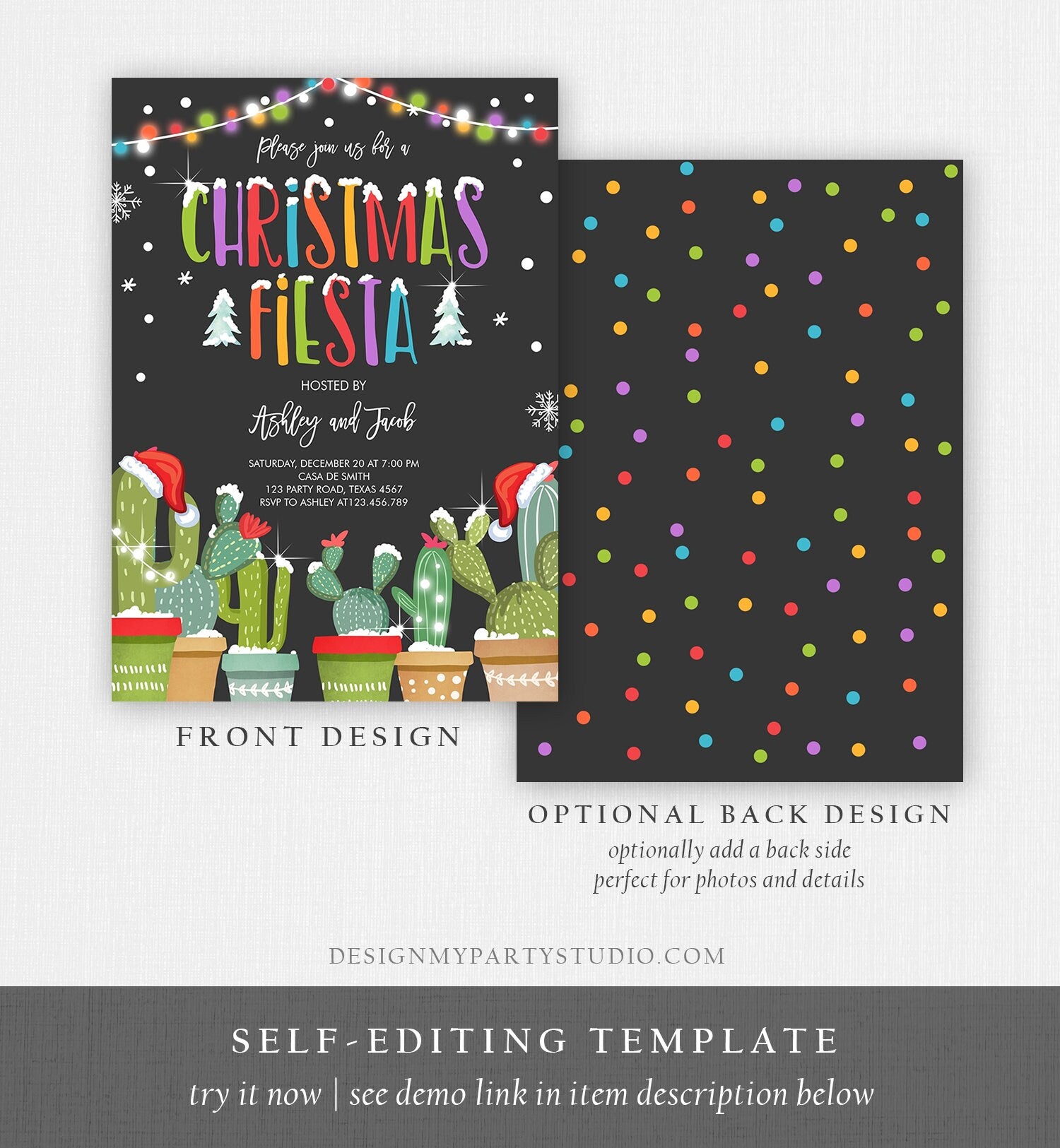 Editable Christmas Fiesta Invitation Cactus Mexican Holiday Fiesta Invite Christmas Party Mexican Digital Download Template Printable 0273