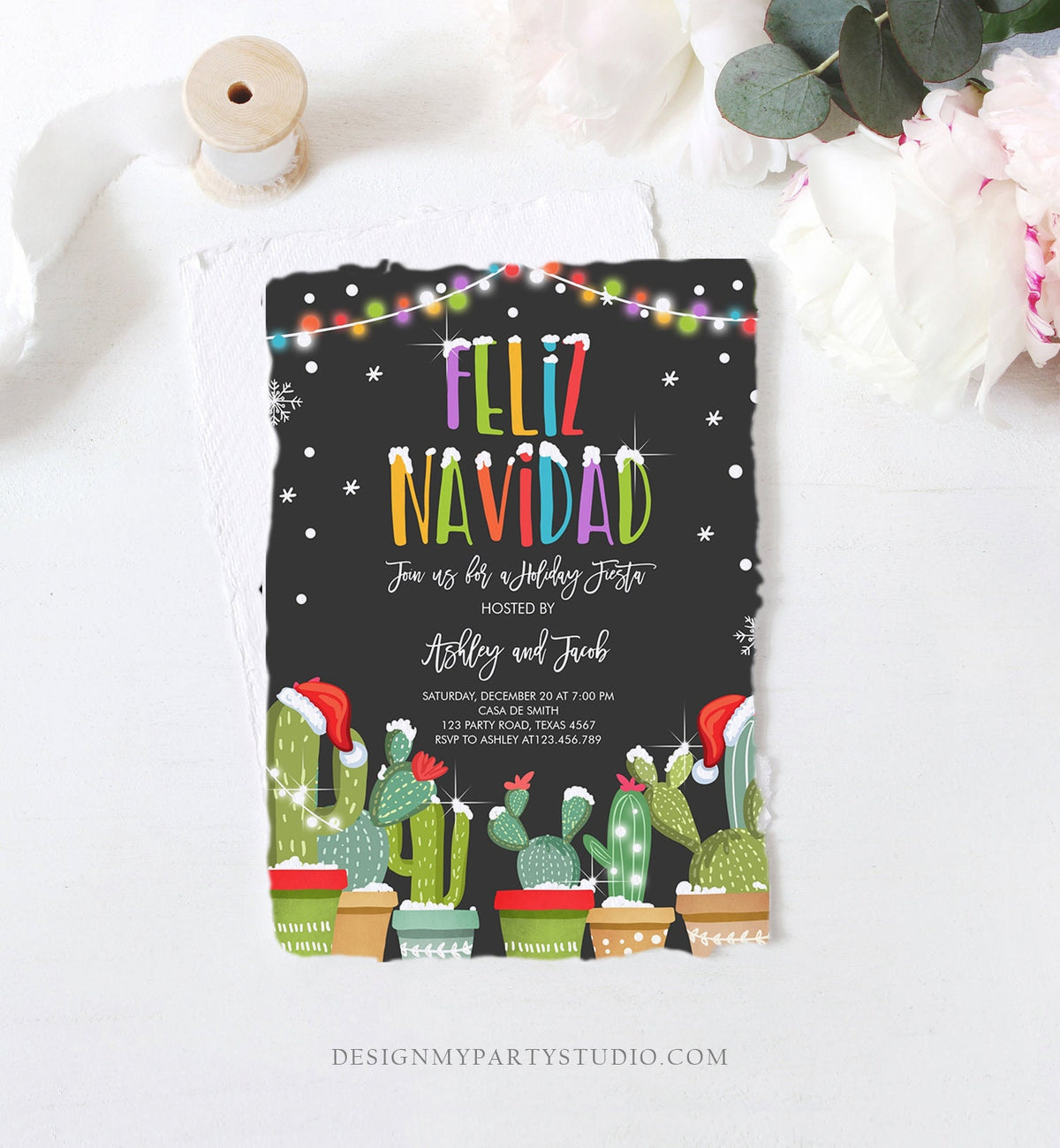 Editable Feliz Navidad Christmas Fiesta Invitation Cactus Mexican Holiday Fiesta Xmas Party Digital Download Evite Template Printable 0273