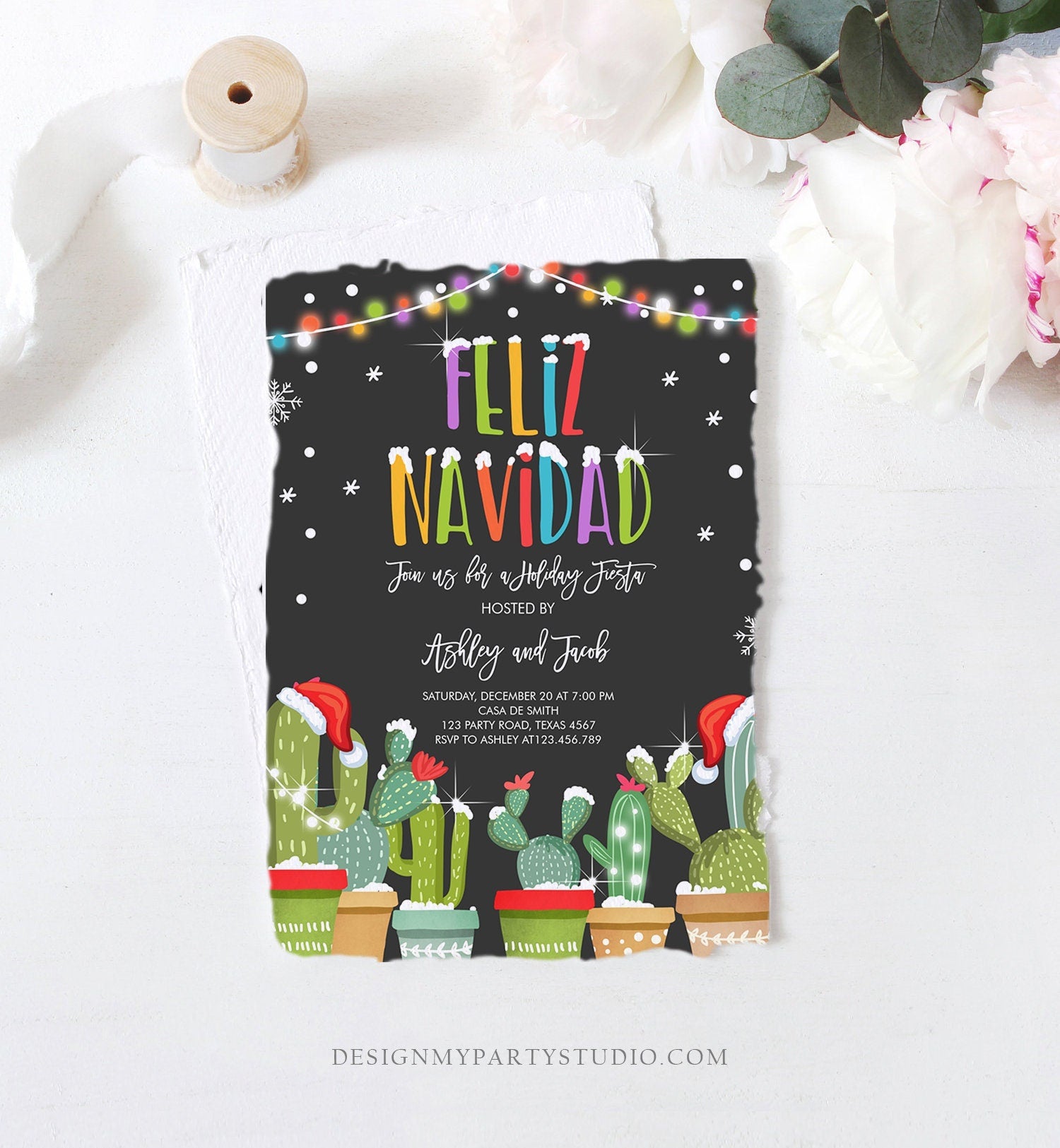 Editable Feliz Navidad Christmas Fiesta Invitation Cactus Mexican Holiday Fiesta Xmas Party Download Corjl Template Printable 0273