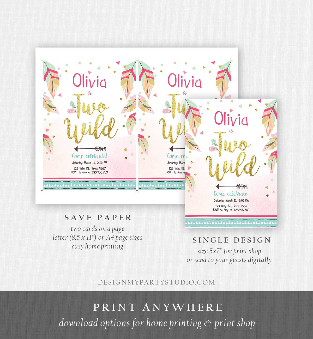 Editable Two Wild Birthday Invitation Girl 2nd Birthday Tribal Boho Feathers Pink Gold Mint Digital Download Template Printable 0038