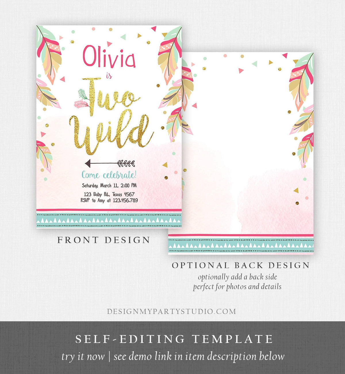 Editable Two Wild Birthday Invitation Girl 2nd Birthday Tribal Boho Feathers Pink Gold Mint Digital Download Template Printable 0038